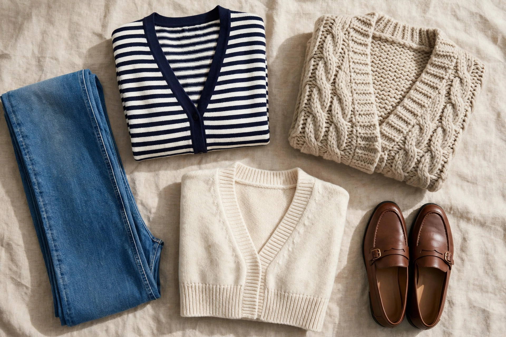 Flat lay of three folded striped cardigans in Breton, chunky knit and cropped styles with jeans and loafers