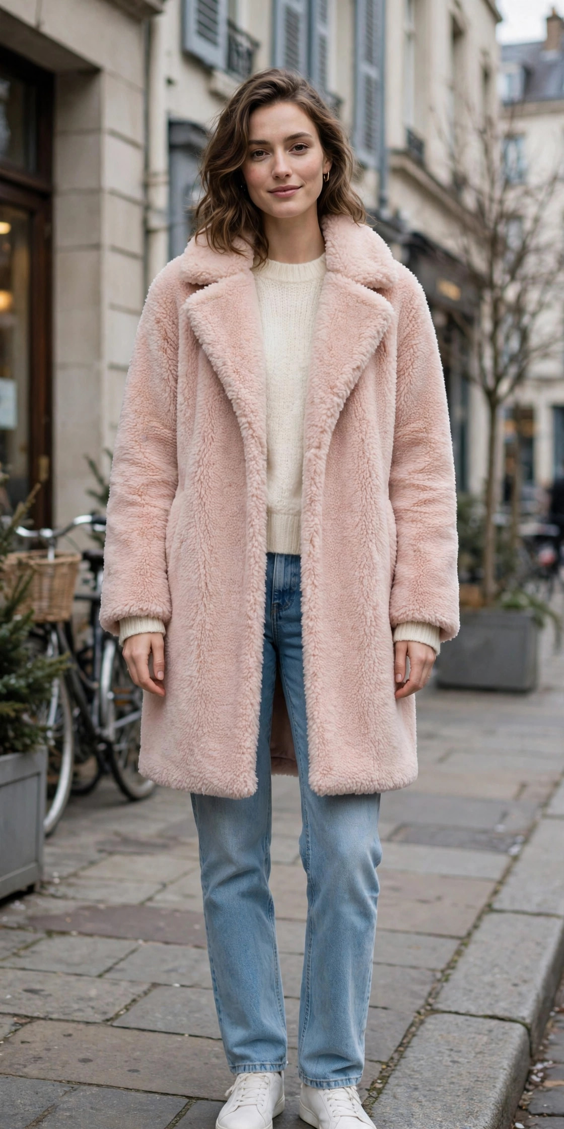 Woman in a pink teddy coat with light-wash jeans