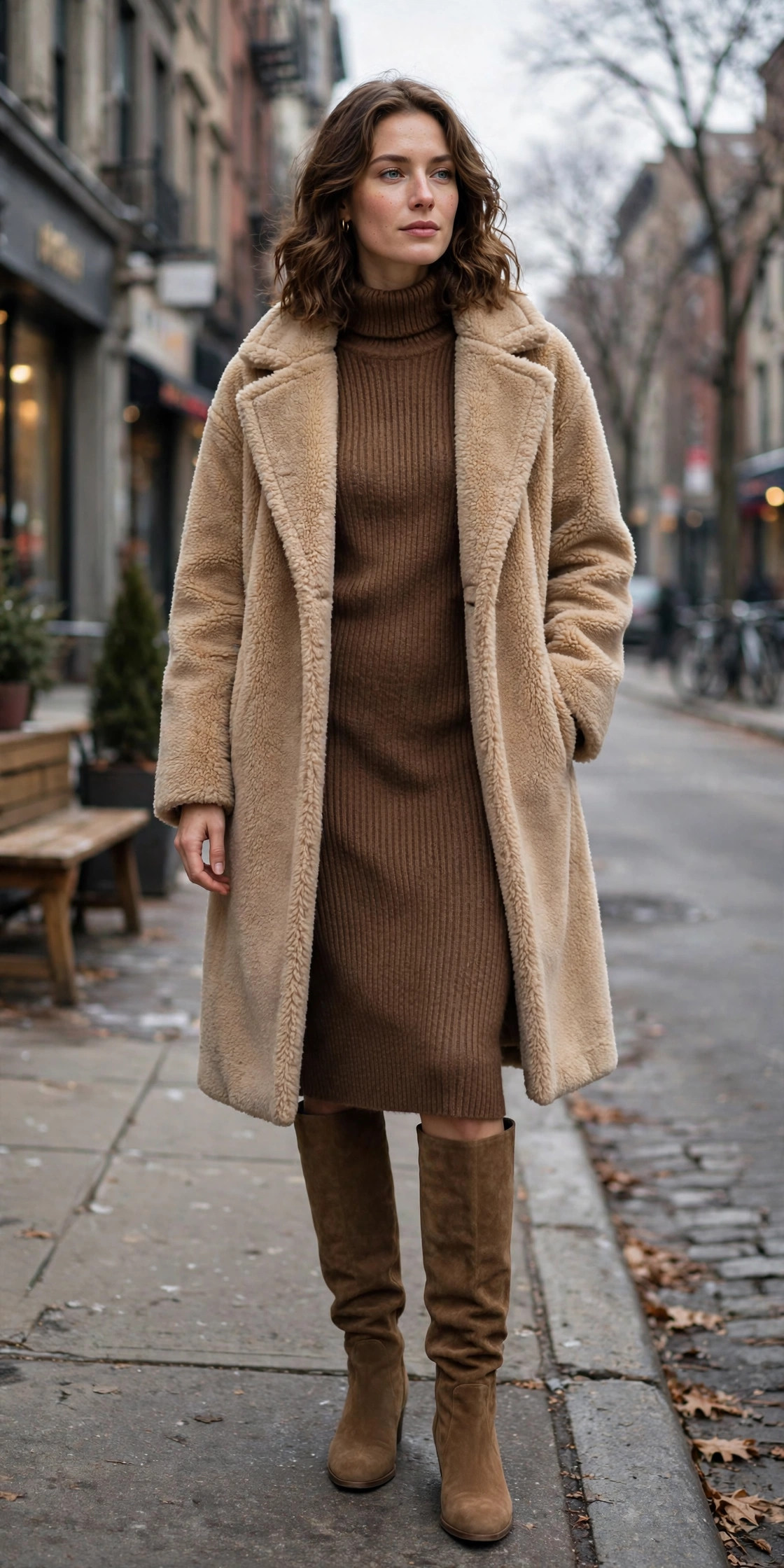 Woman in a tan teddy coat with a knit sweater dress