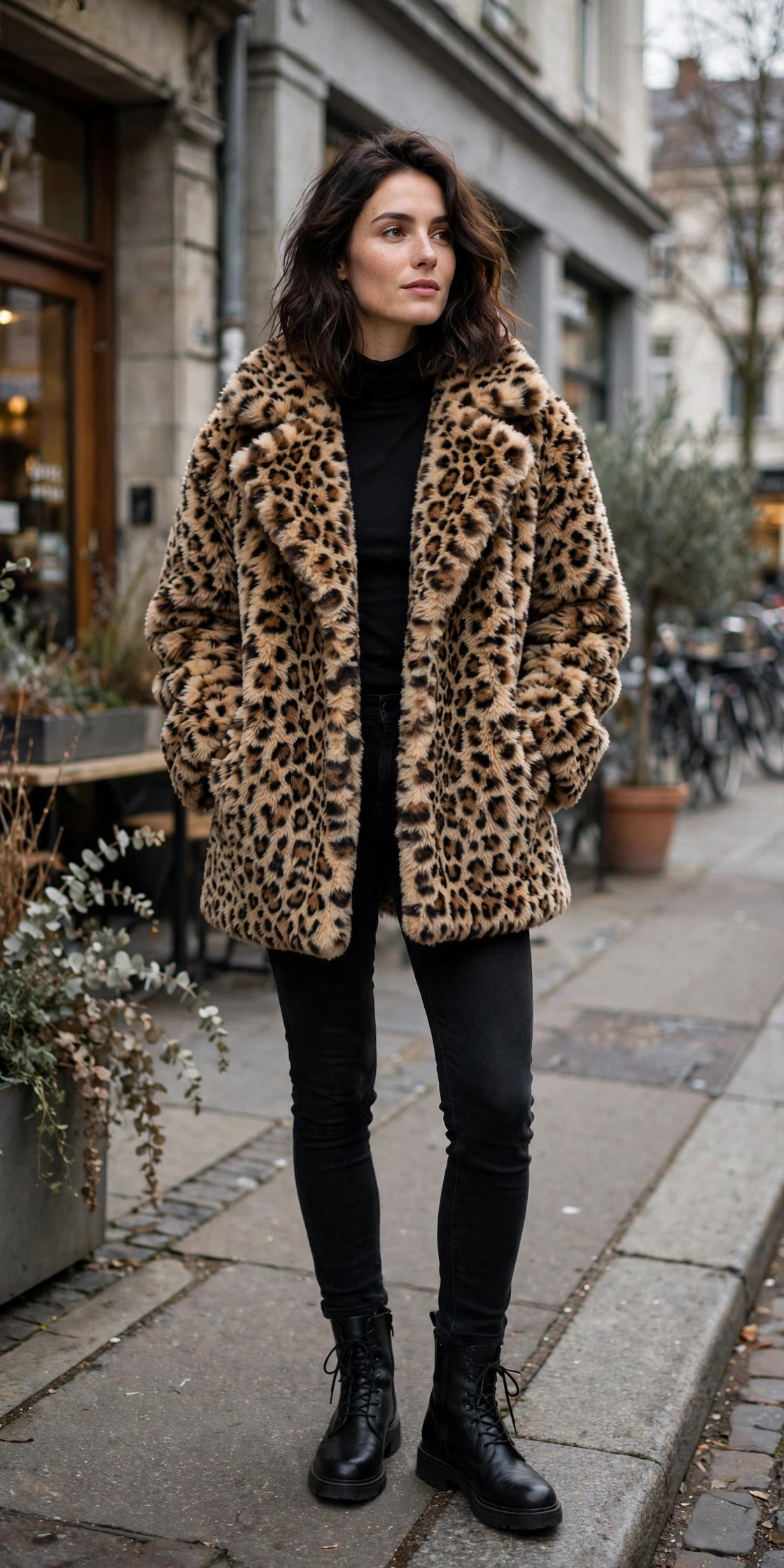 Woman in a leopard-print teddy coat with black jeans