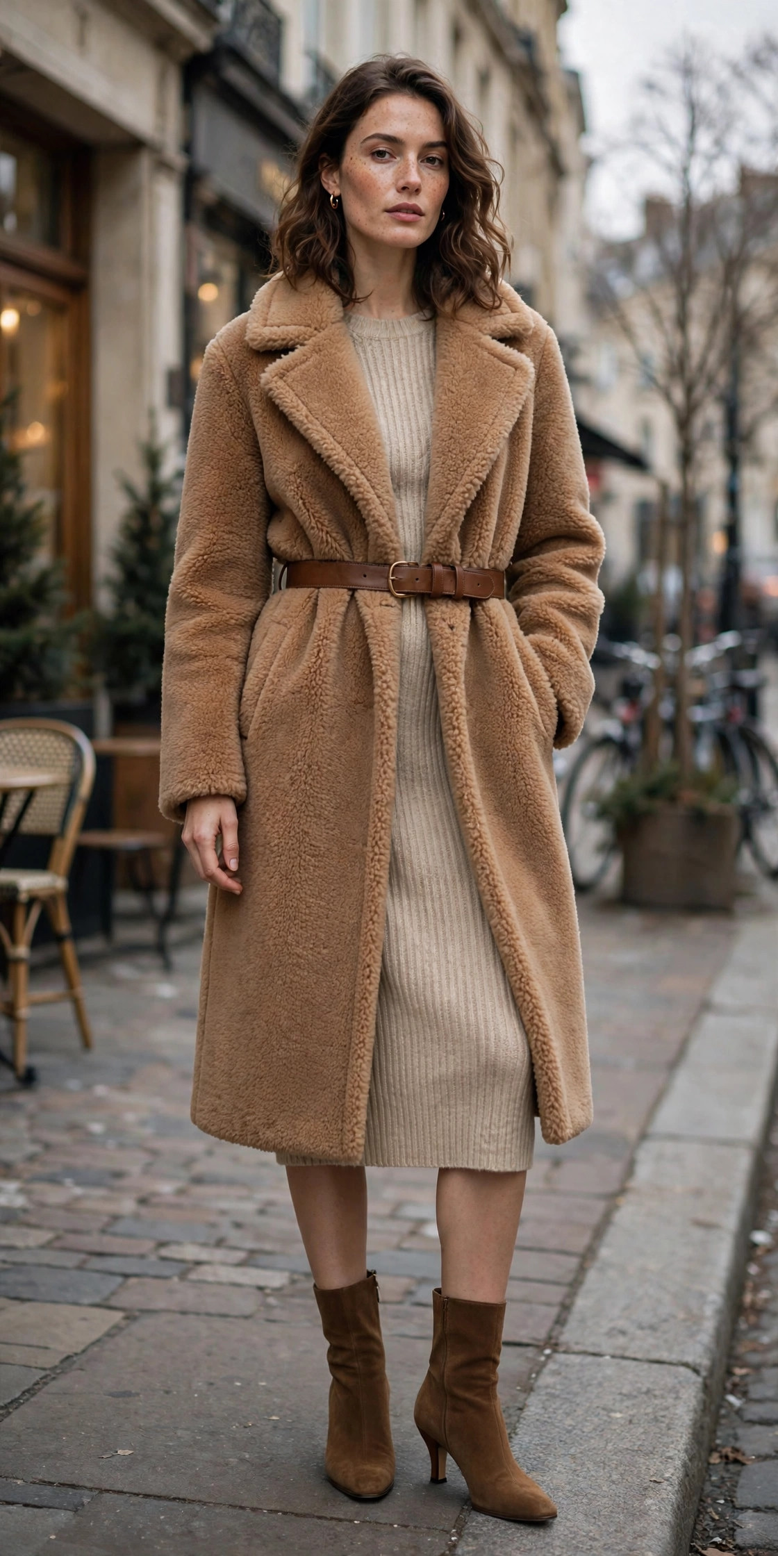 Woman in a belted camel teddy coat with a leather belt