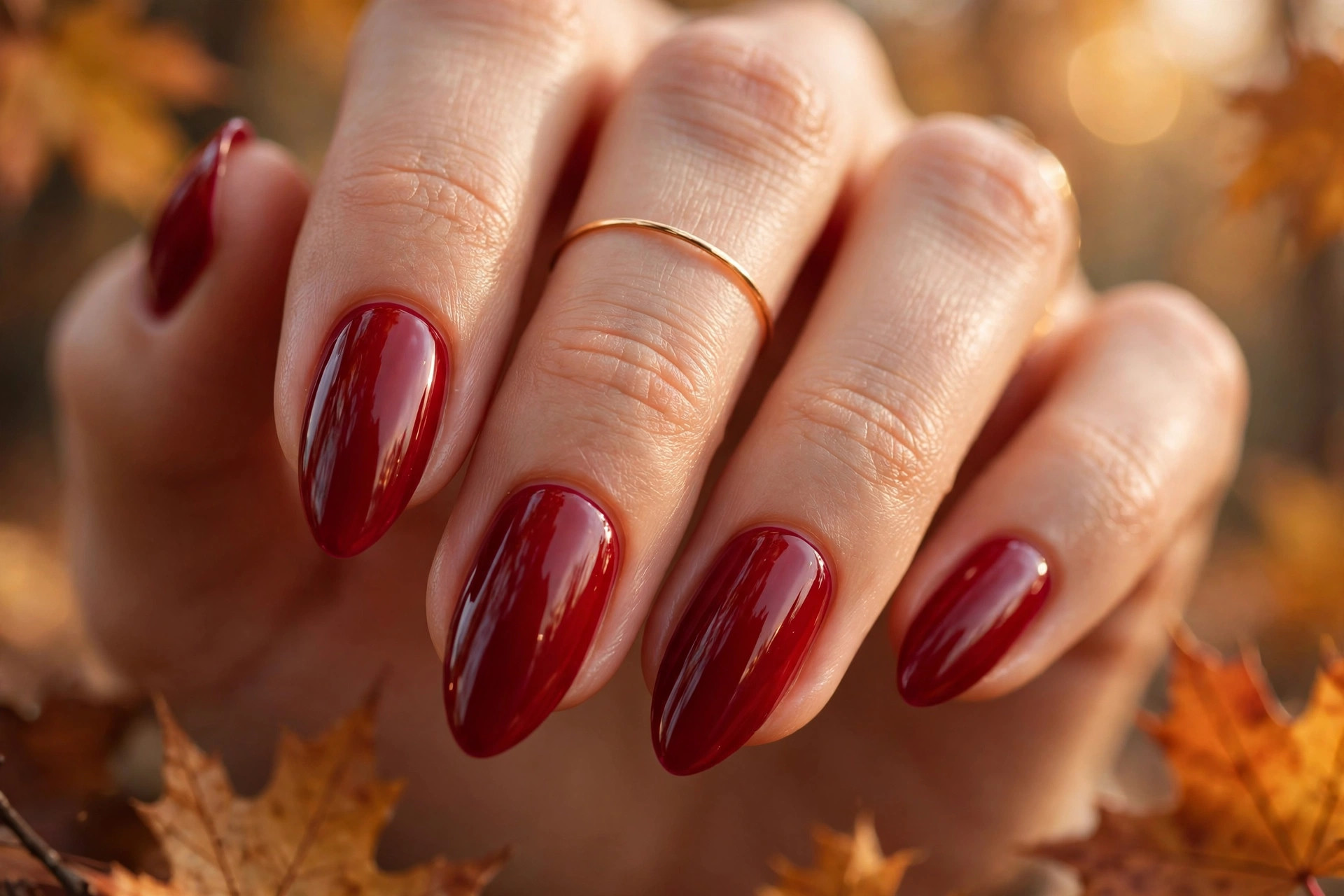 Close-up of classic cranberry red glossy manicure on almond-shaped nails with gold ring