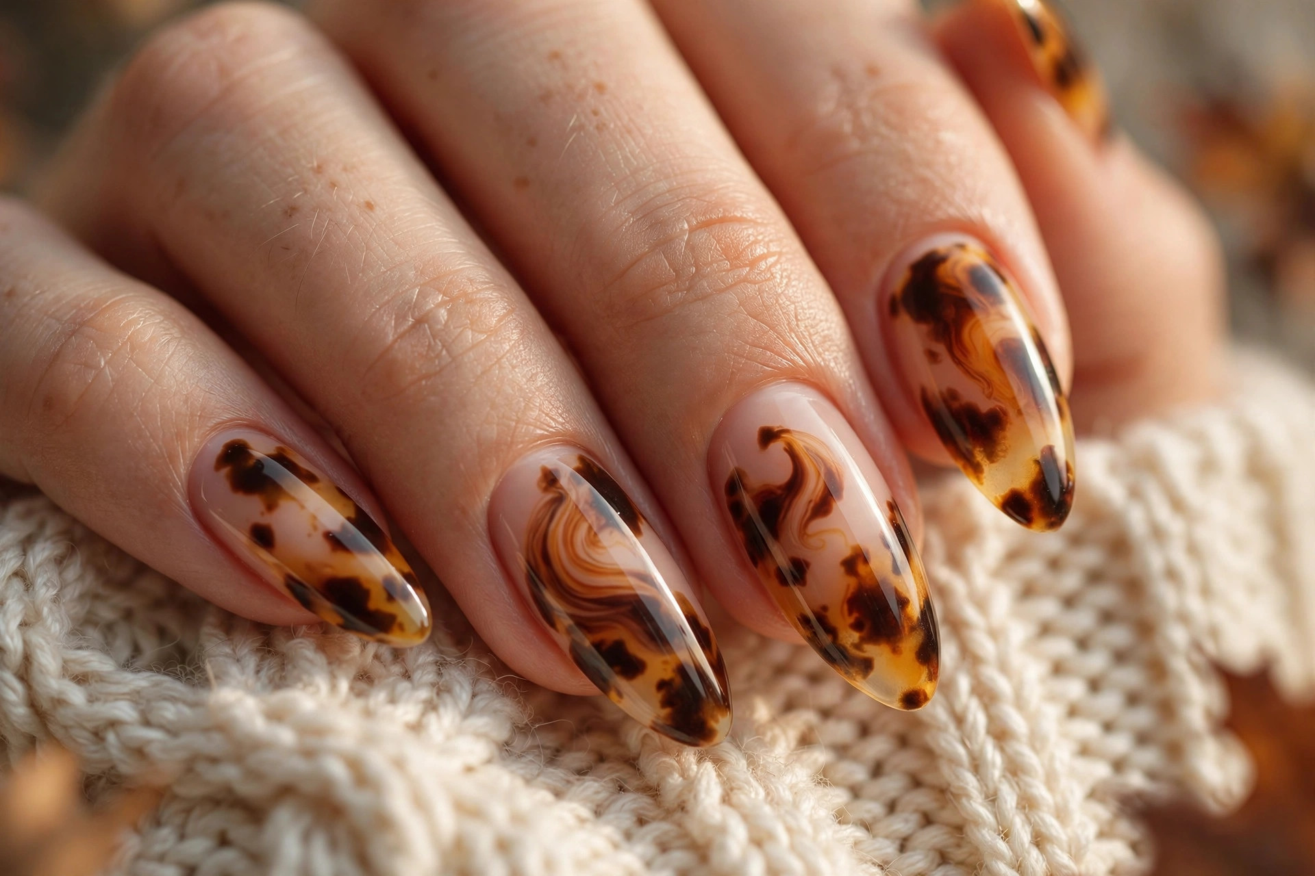 Tortoiseshell French tip nail art with amber and chocolate swirls on nude base