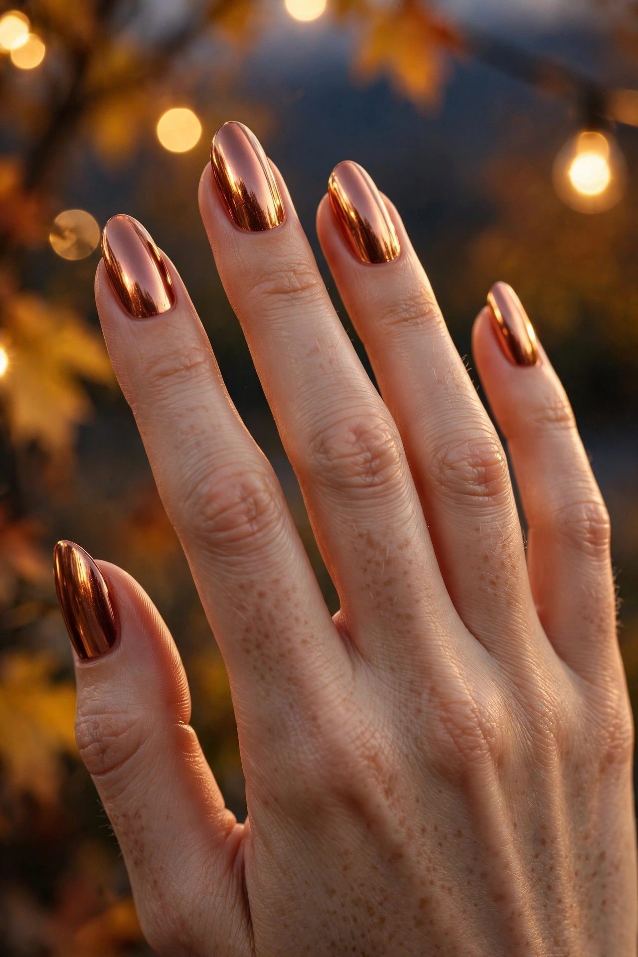Copper chrome mirror-shine nails glowing against warm autumn bokeh lights