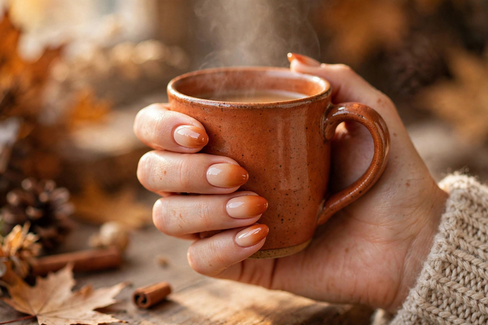 Pumpkin spice ombré nails blending from nude to burnt orange, glossy finish