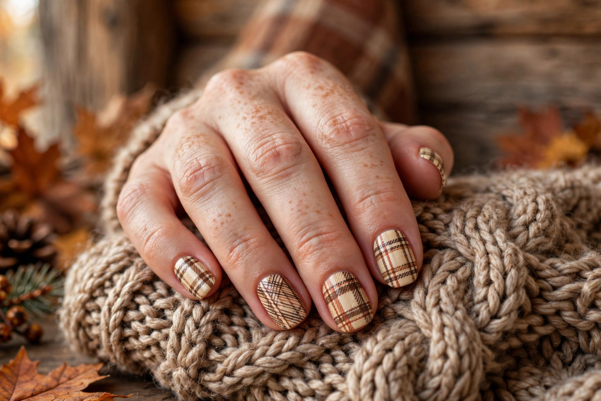 Flannel-inspired plaid nail art in cream, tan, rust and brown tones