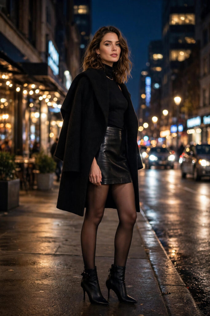 Woman in leather mini skirt, sheer tights and heeled boots at night