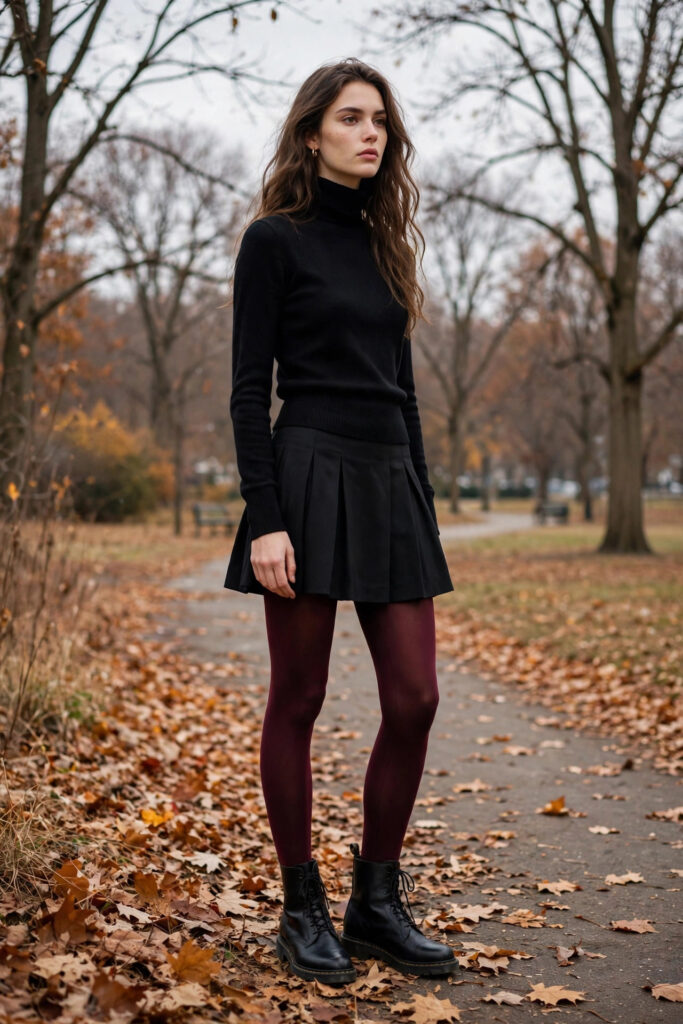 Burgundy tights with black skater skirt and ankle boots in park