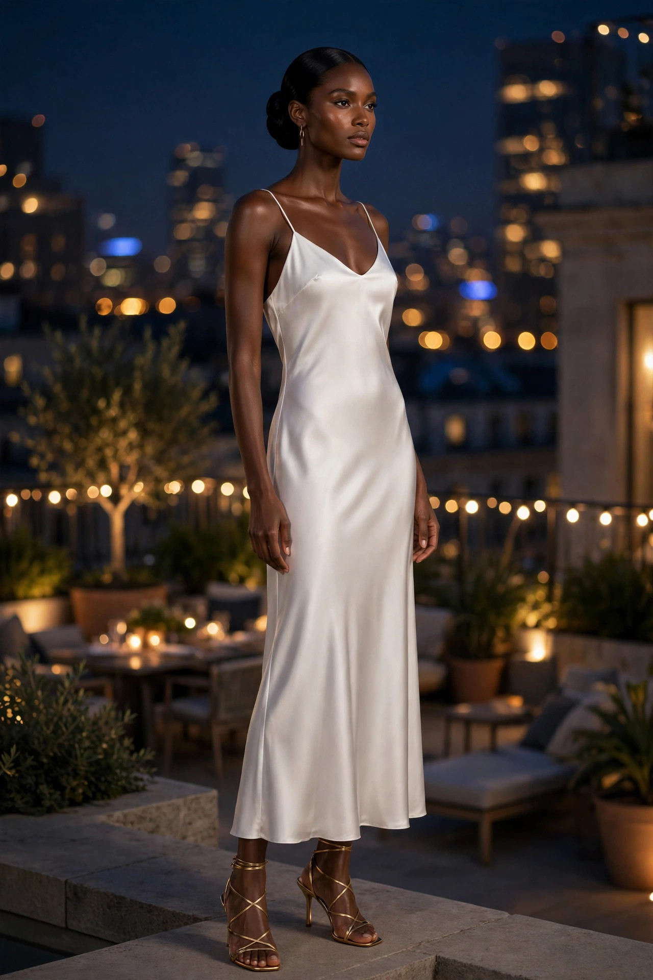 Woman in a white satin slip dress with strappy gold heels and a sleek bun at an evening event, elegant white dress outfit
