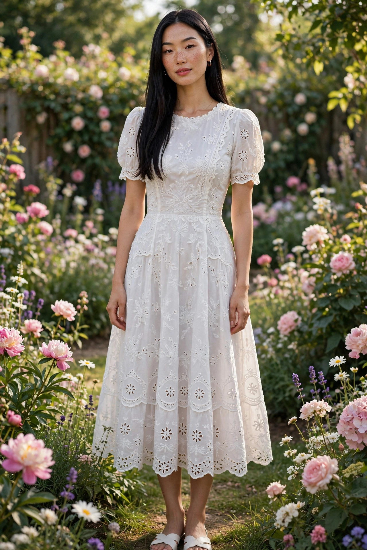 Woman in a white eyelet embroidery midi dress with flared skirt standing in a blooming garden, romantic summer white dress