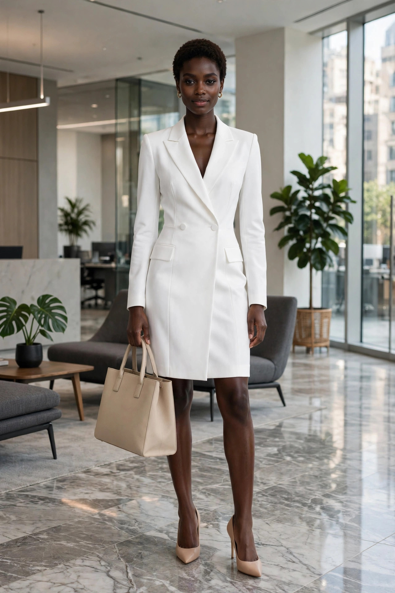 Woman in a tailored white blazer dress with nude pointed heels holding a structured tote, professional office white dress outfit