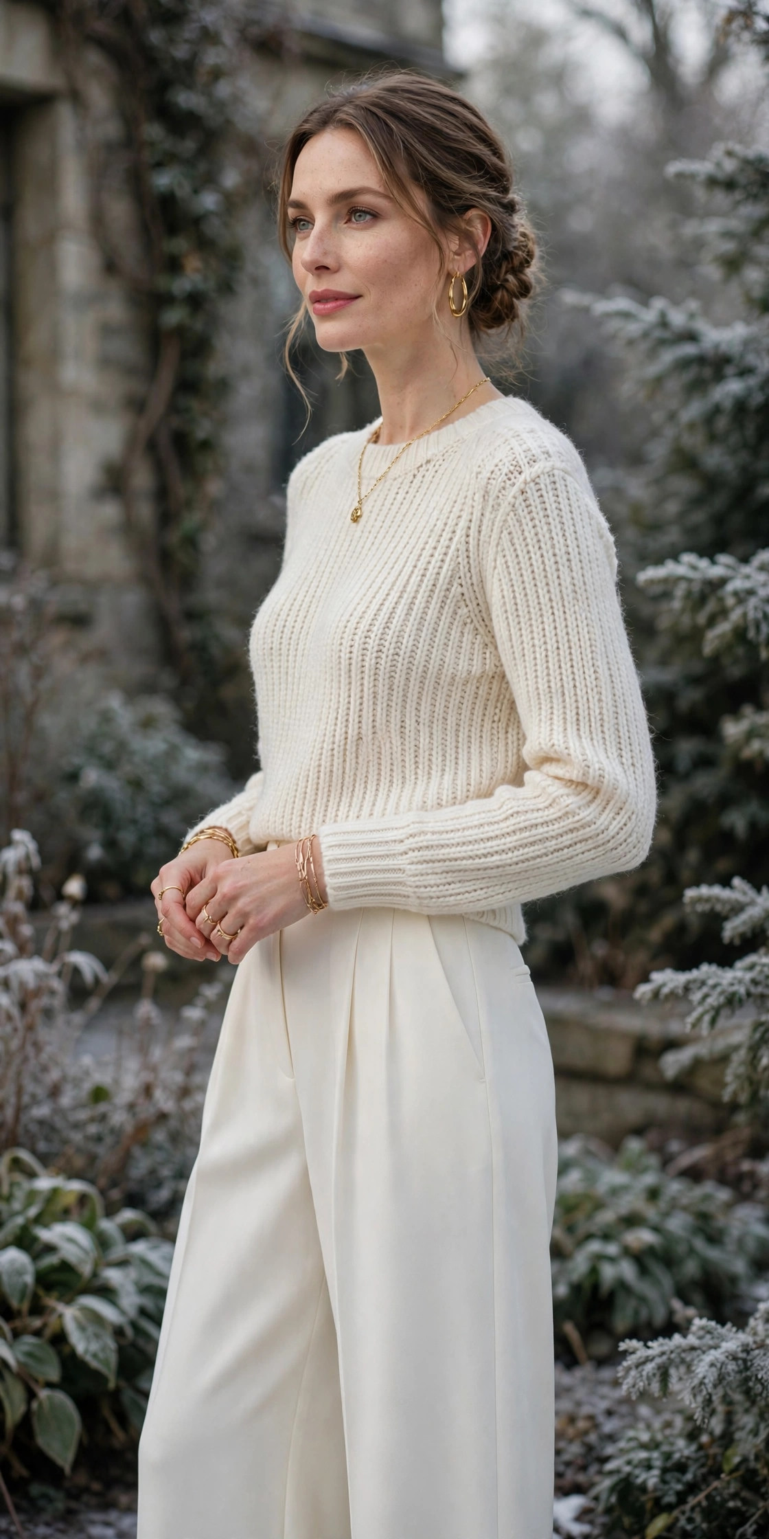 Woman wearing cream knit top with ivory wide-leg trousers and gold accessories