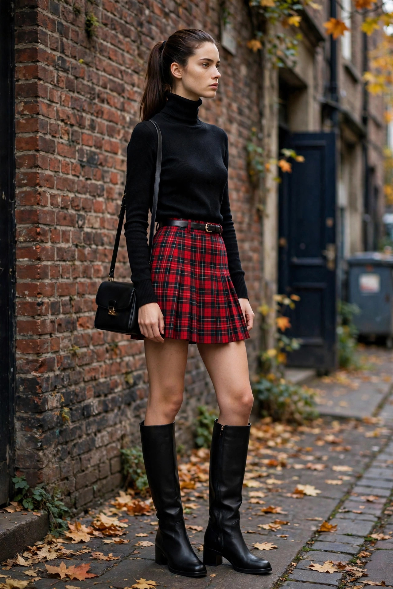 Model wearing a red and black plaid pleated mini skirt with a black turtleneck sweater and black knee-high leather boots against a brick wall