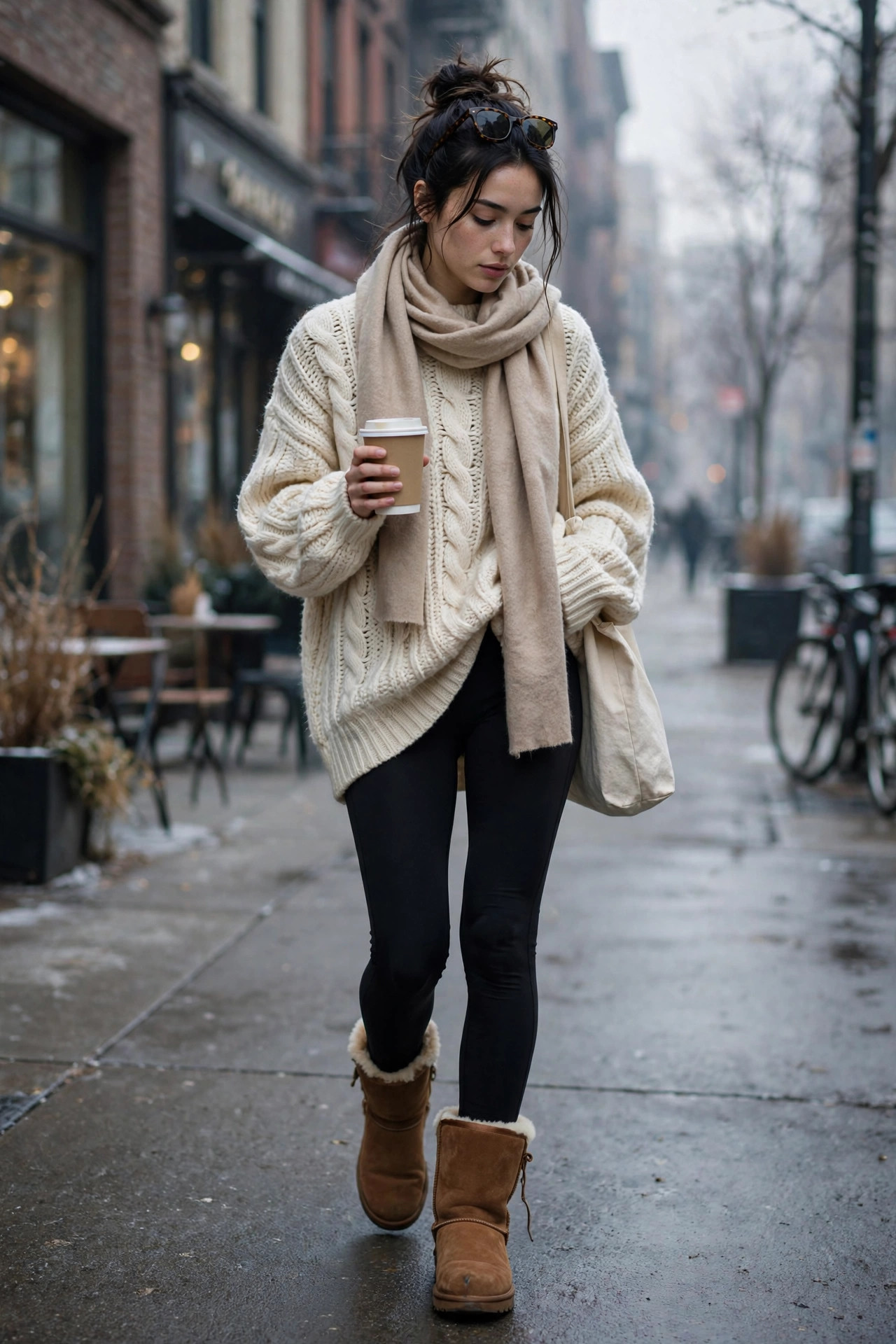 Model in an oversized cream chunky-knit sweater, black high-waisted leggings and chestnut UGG-style suede boots holding a coffee cup on a city street