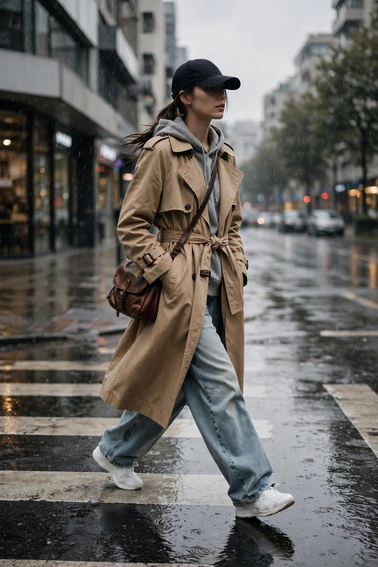 Model wearing a camel trench coat over a grey hoodie with baggy light-wash jeans, white sneakers and a black baseball cap crossing a rainy city street