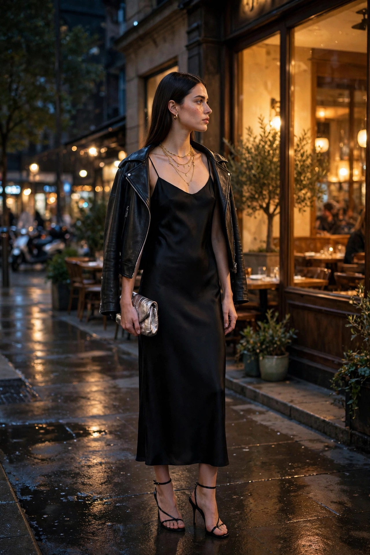 Model in a black silk slip dress with a black leather moto jacket draped over her shoulders and strappy stiletto heels outside a restaurant at night
