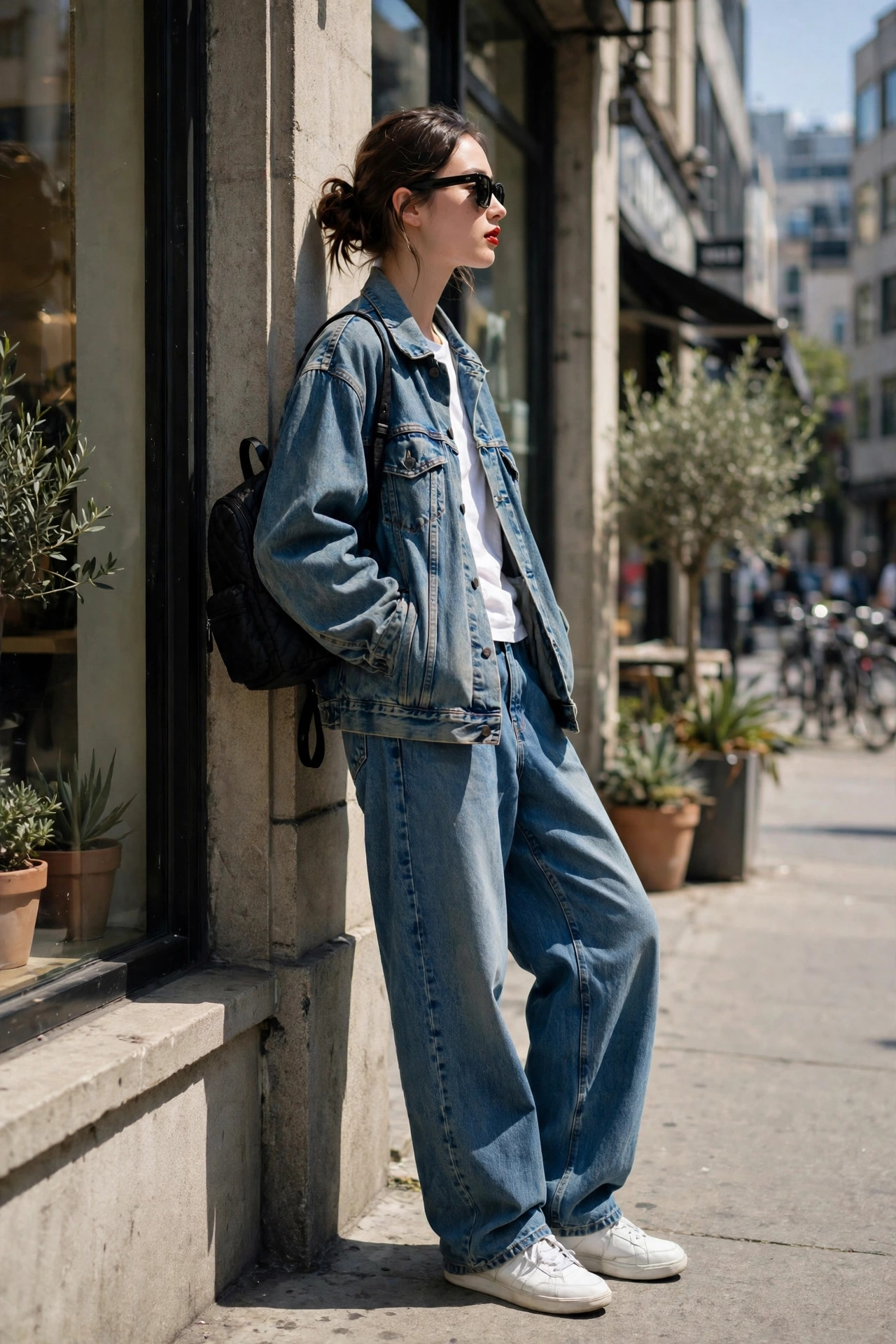 Model wearing an oversized vintage denim jacket over a white t-shirt with baggy wide-leg jeans and white sneakers leaning against a storefront
