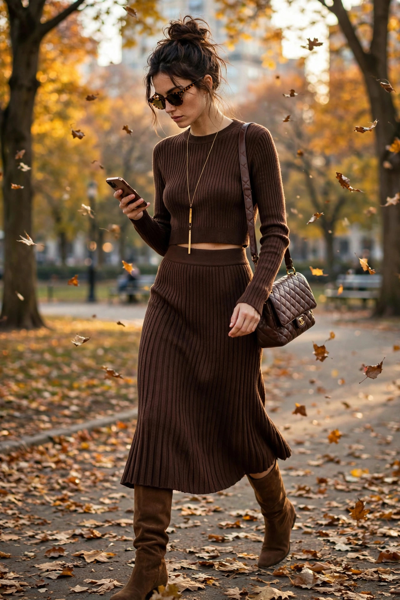 Model in a chocolate-brown ribbed knit matching set with a cropped long-sleeve top and midi skirt, brown suede knee-high boots walking in an autumn park