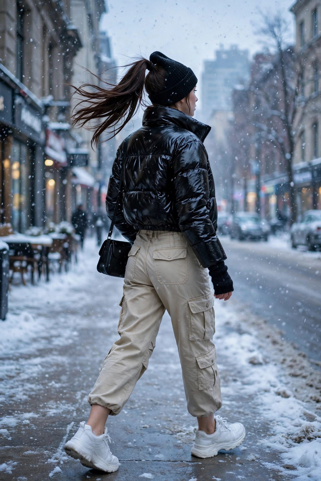 Model wearing a cropped black shiny puffer jacket, beige cargo pants, chunky white sneakers and a black beanie on a snowy city sidewalk