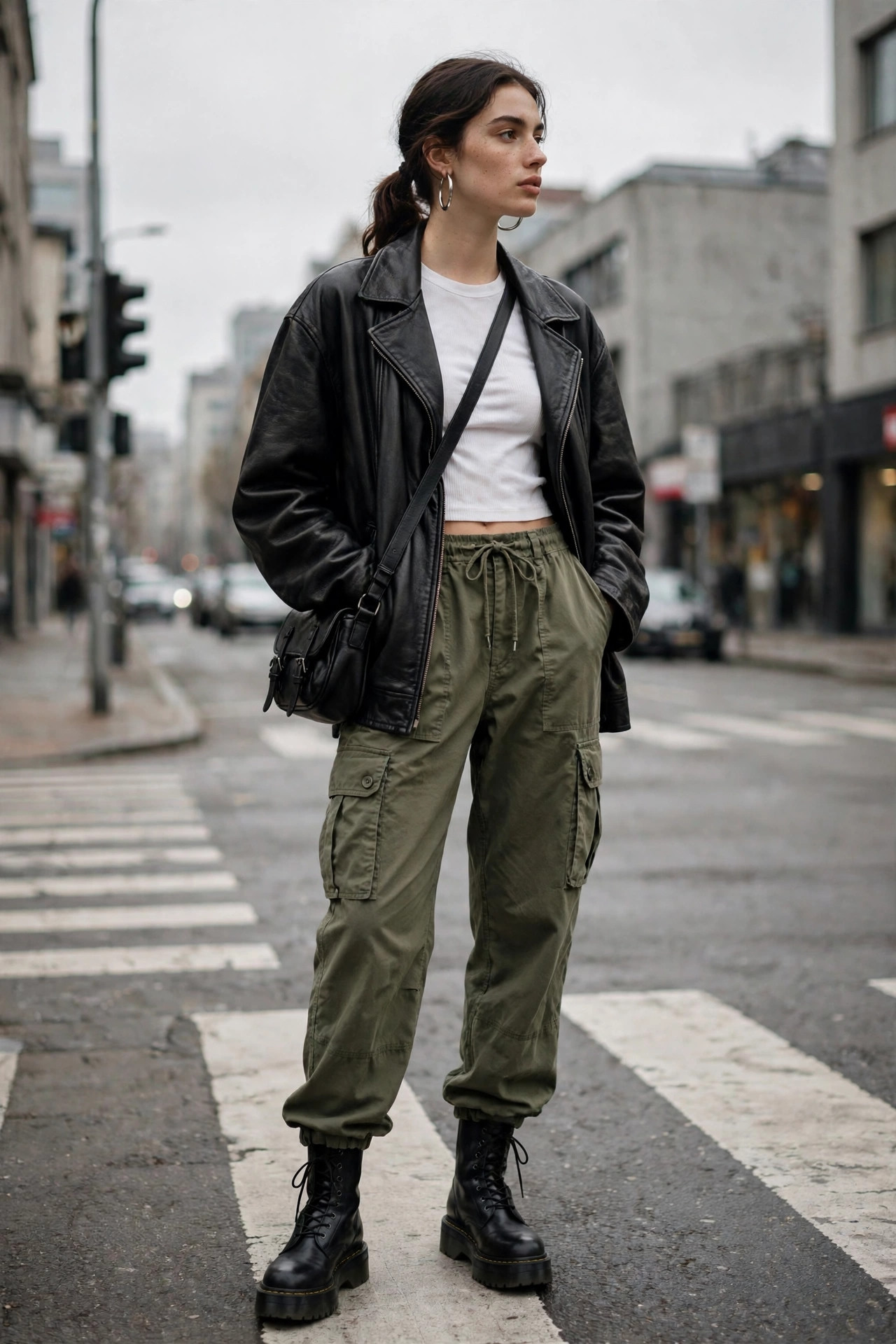Model in olive-green cargo pants with a cropped white ribbed t-shirt, oversized black leather jacket and black combat boots at a city crosswalk