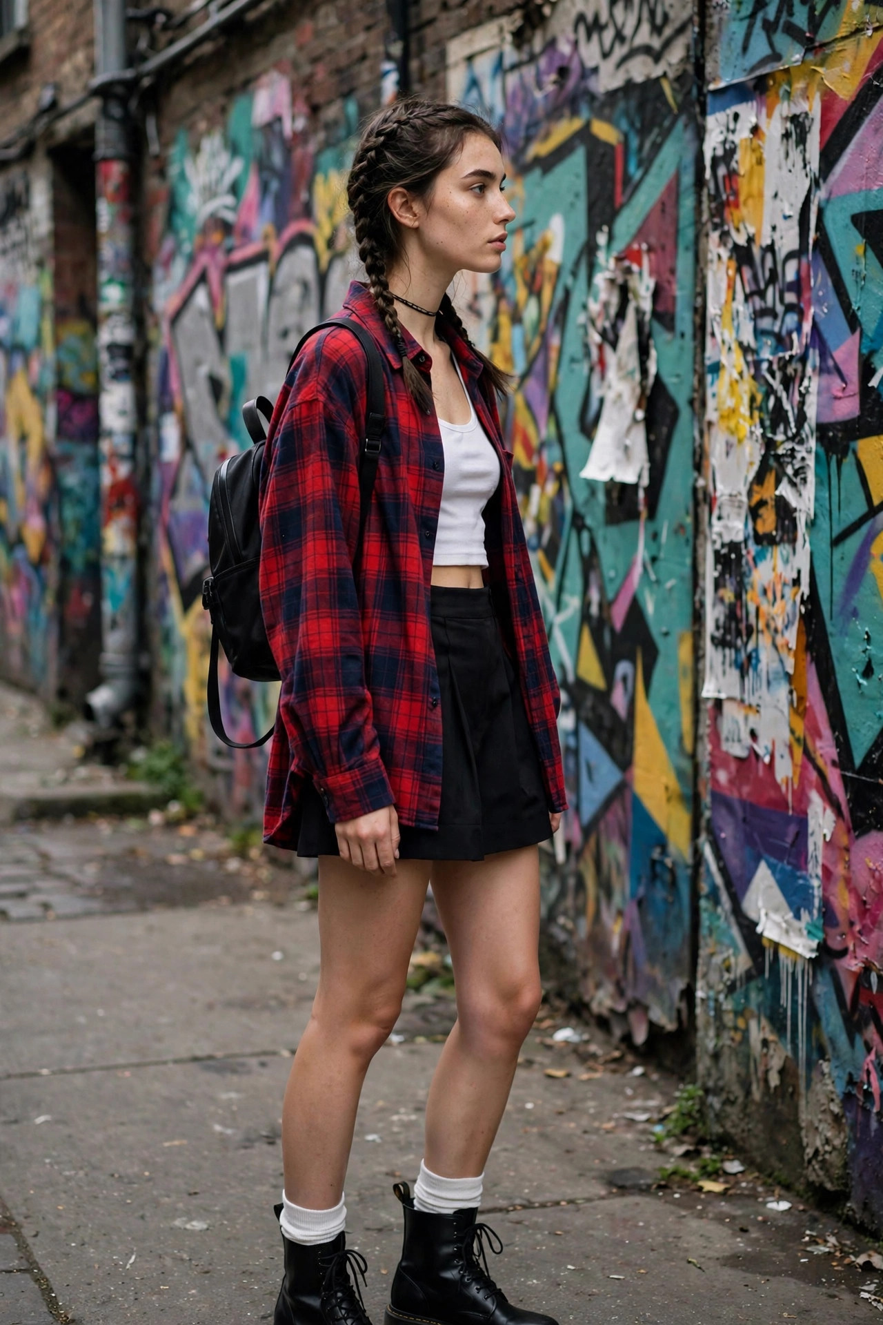 Model in an oversized red and navy plaid flannel shirt over a white cropped tank top with a black mini skirt and black combat boots in a graffiti alley