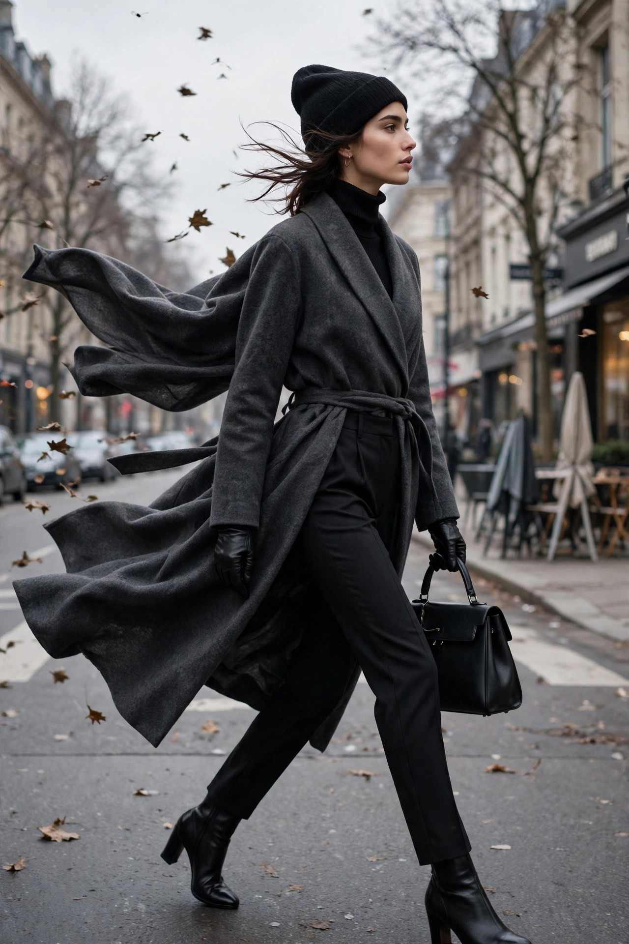 Model wearing a long charcoal-grey wool wrap coat over a black turtleneck with tailored black trousers and heeled ankle boots on a windy avenue