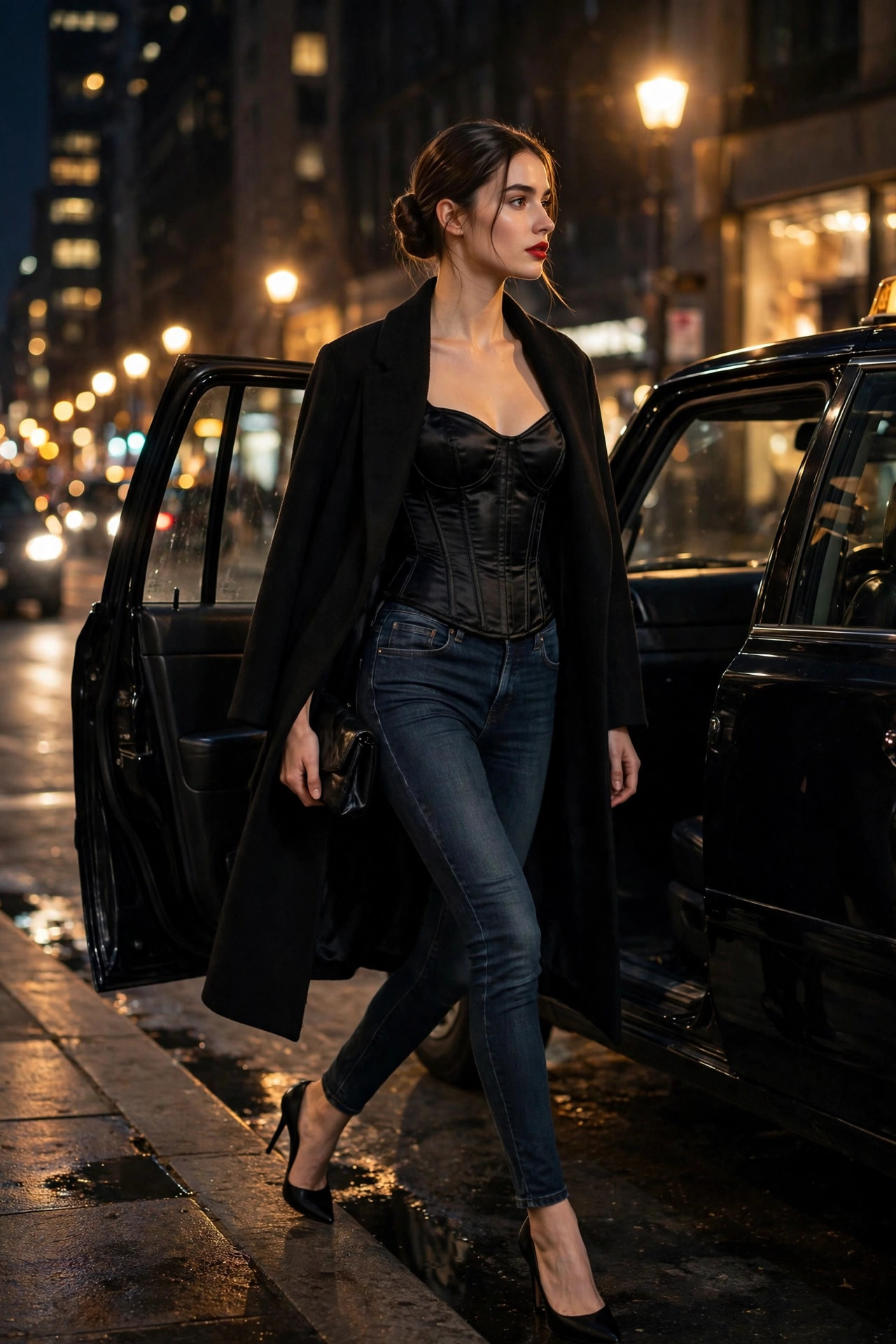 Model in a black satin corset top with dark-wash skinny jeans and black stilettos, a long black coat over her shoulders, stepping out of a taxi at night