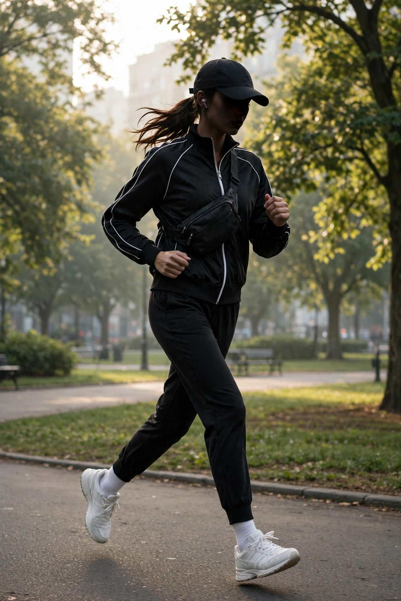 Model wearing a black zip-up track jacket with white piping, black tapered joggers, white retro sneakers and a black baseball cap jogging in a city park