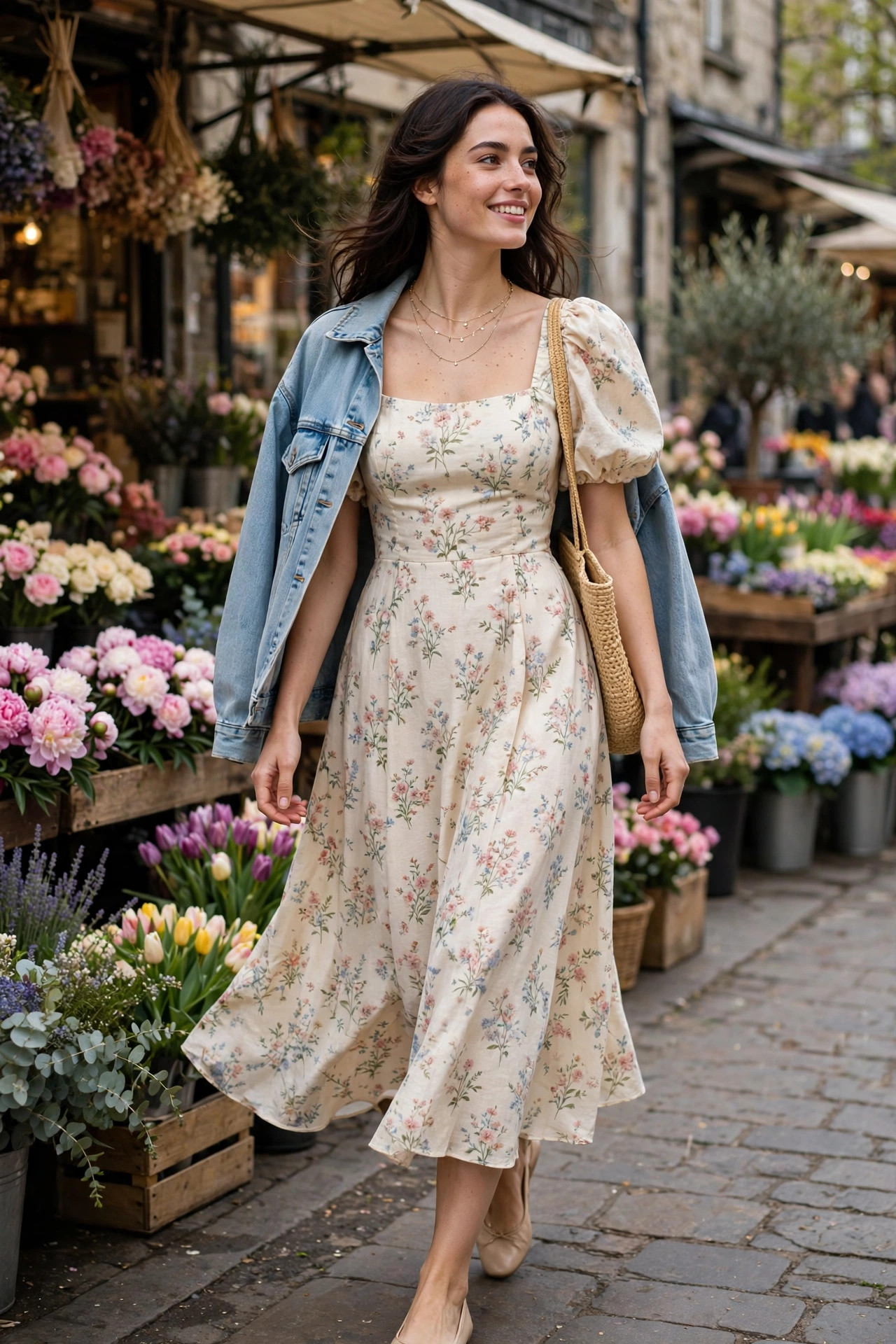 Model in a cream floral midi dress with puff sleeves and an oversized light-wash denim jacket over her shoulders with nude ballet flats at a flower market