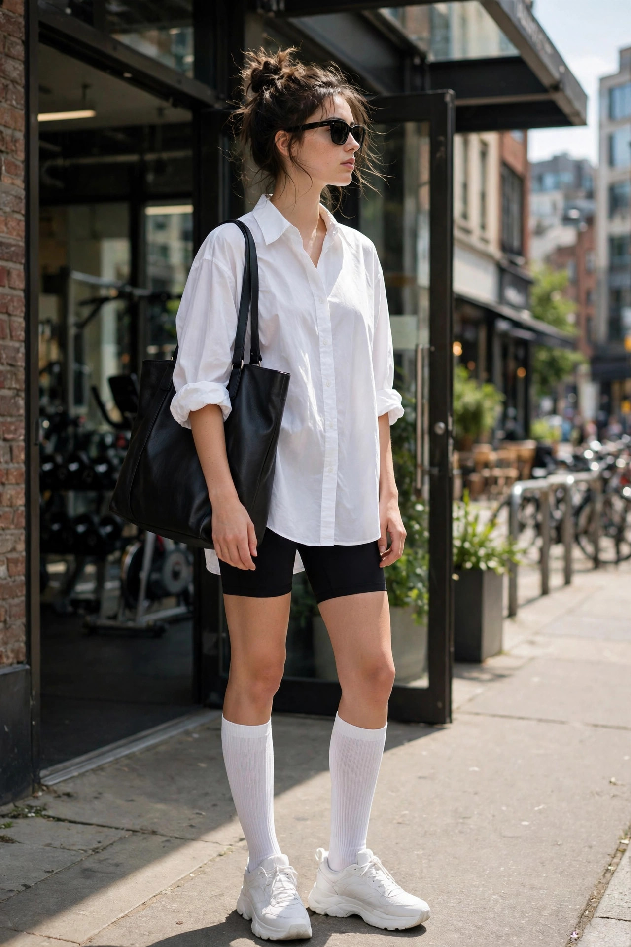 Model wearing an oversized white button-down shirt with black bike shorts, white knee-high athletic socks and chunky white sneakers outside a gym