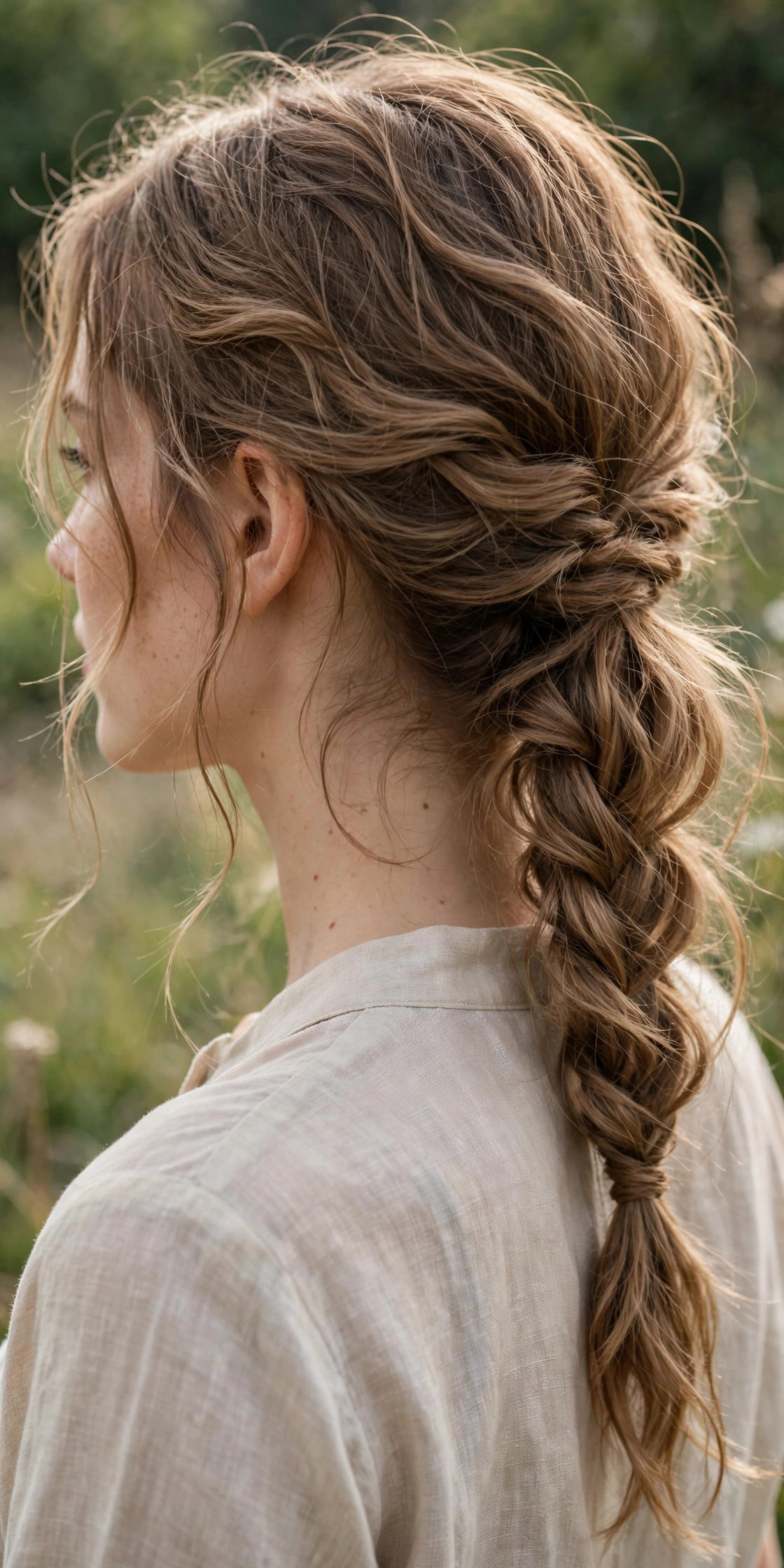 Loose boho braided ponytail with soft waves and face-framing pieces on light brown hair, side-back view