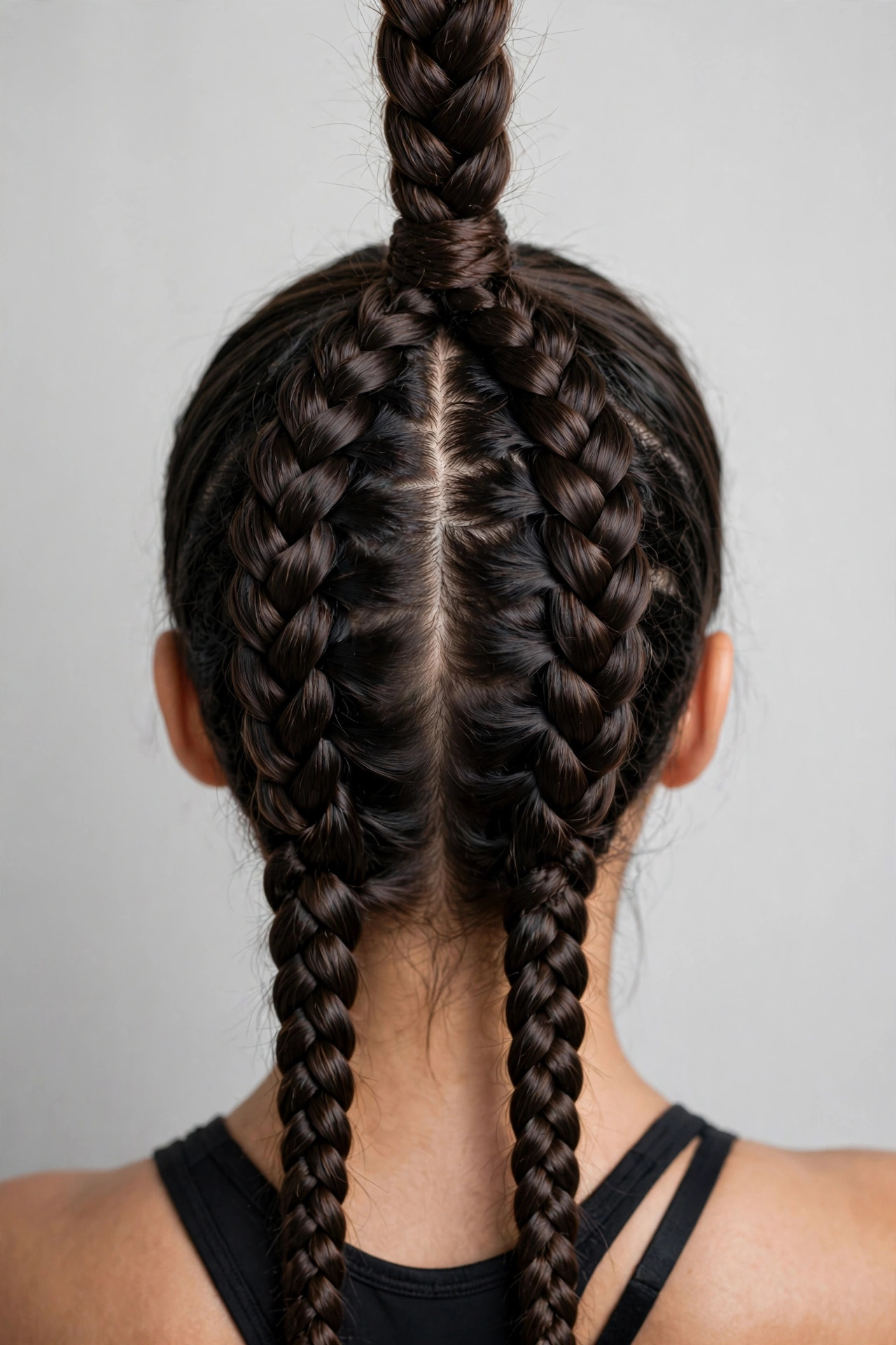 Double Dutch braids from a center part merging into one high ponytail, sporty braided hairstyle back view