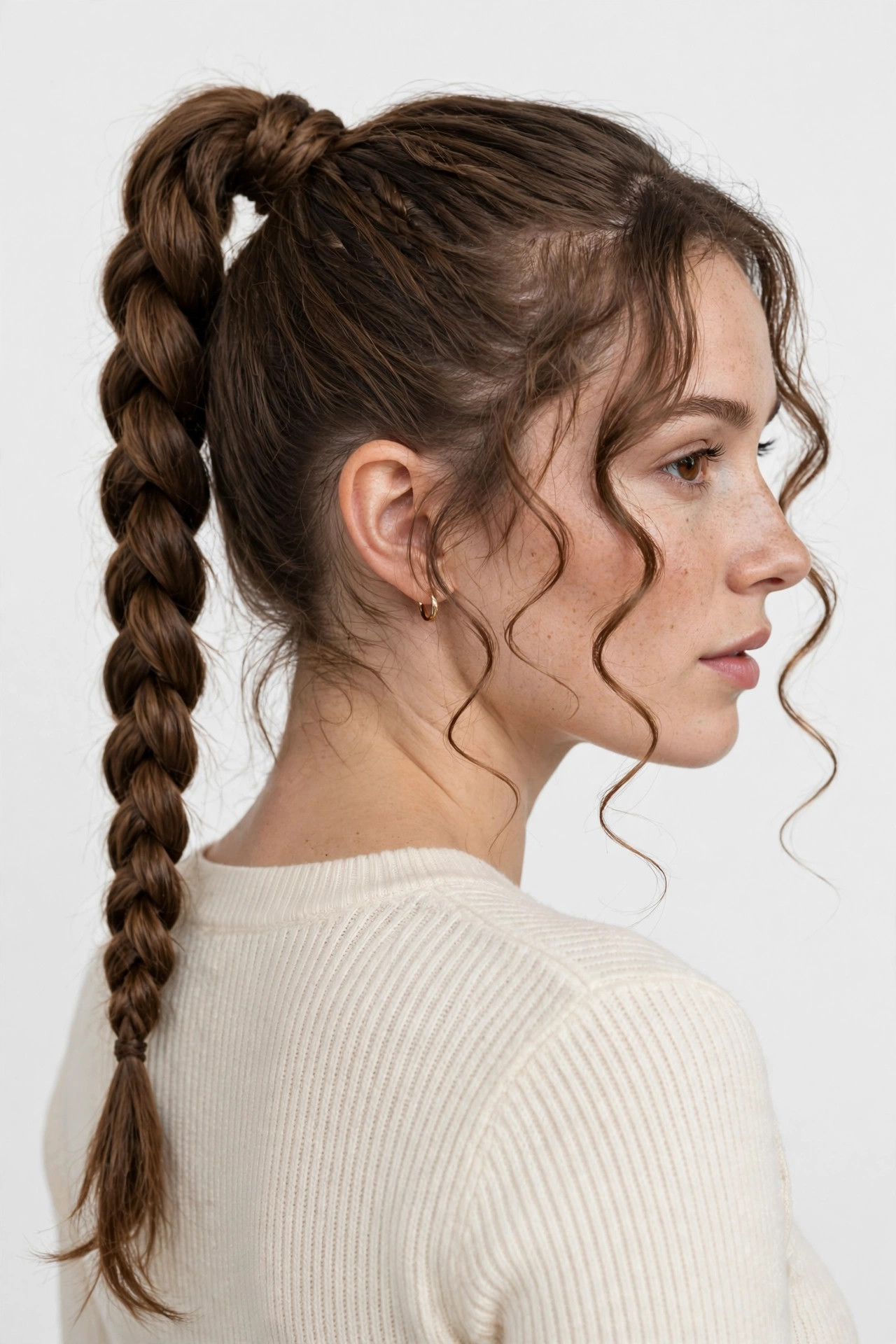 High braided ponytail with soft curled face-framing pieces on medium brown hair, three-quarter back view