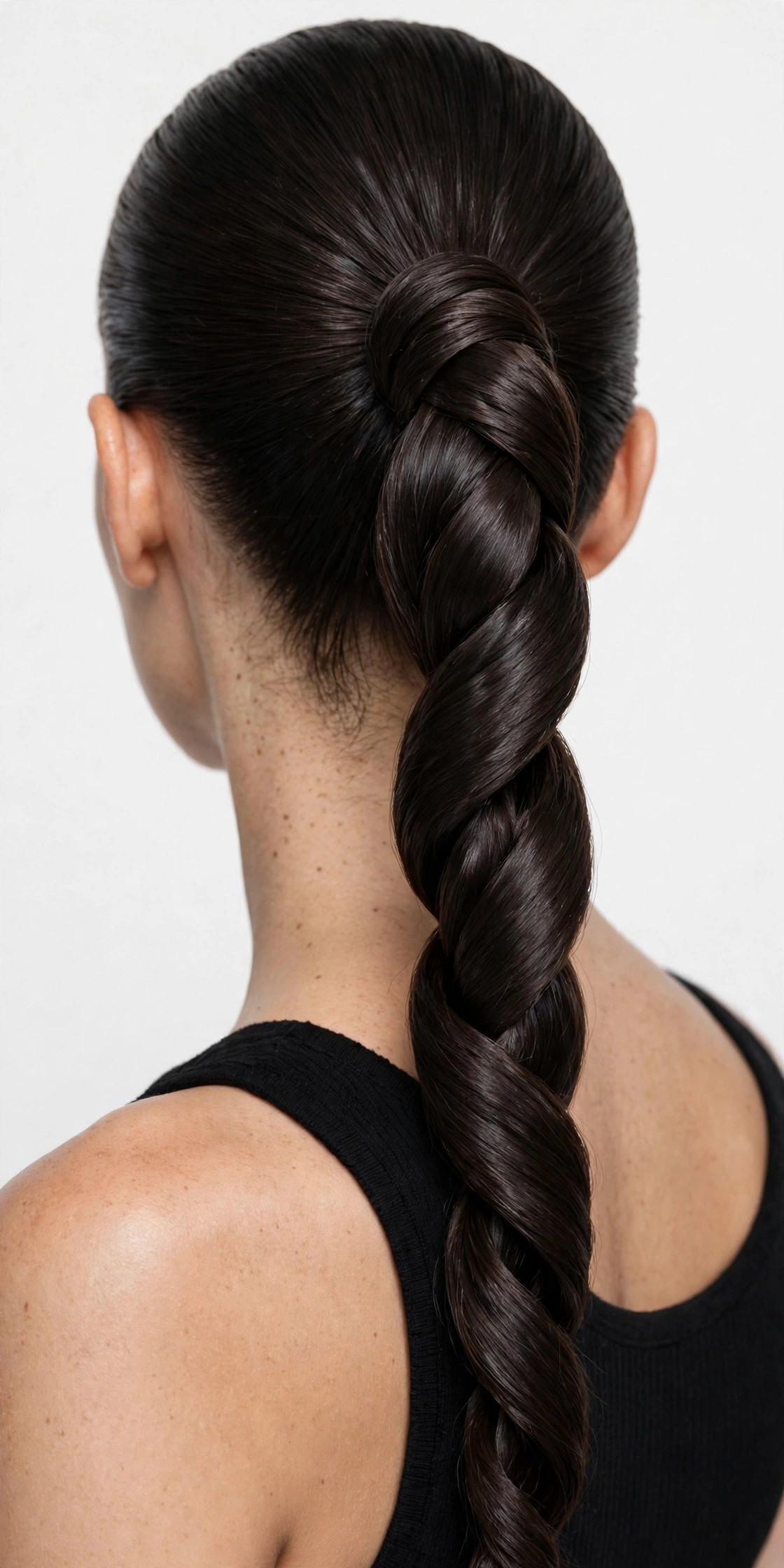 Sleek rope-twist braided ponytail with sculptural two-strand twist on long dark hair, back view