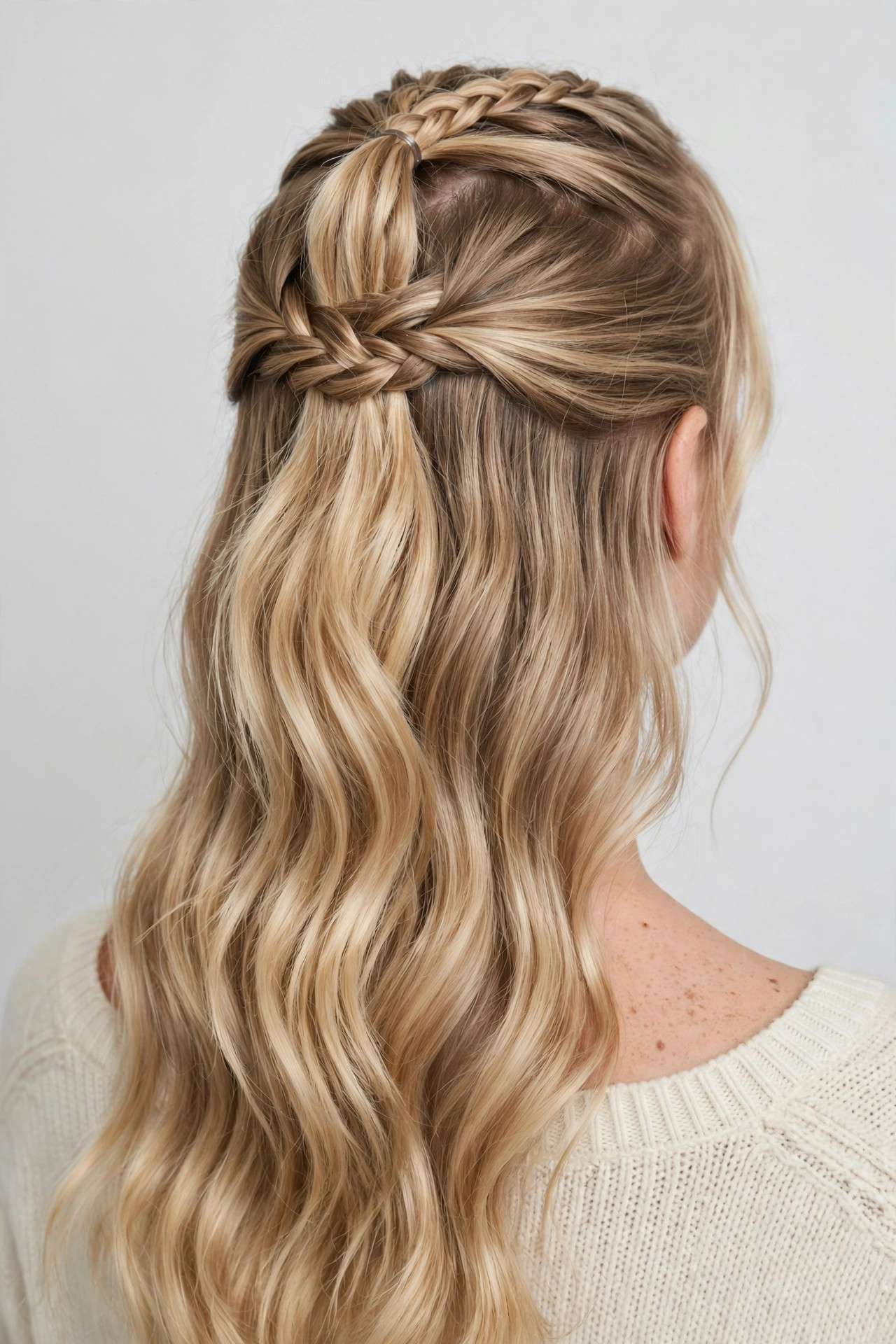 Half-up Dutch braided ponytail with the remaining hair worn down in soft waves, back view