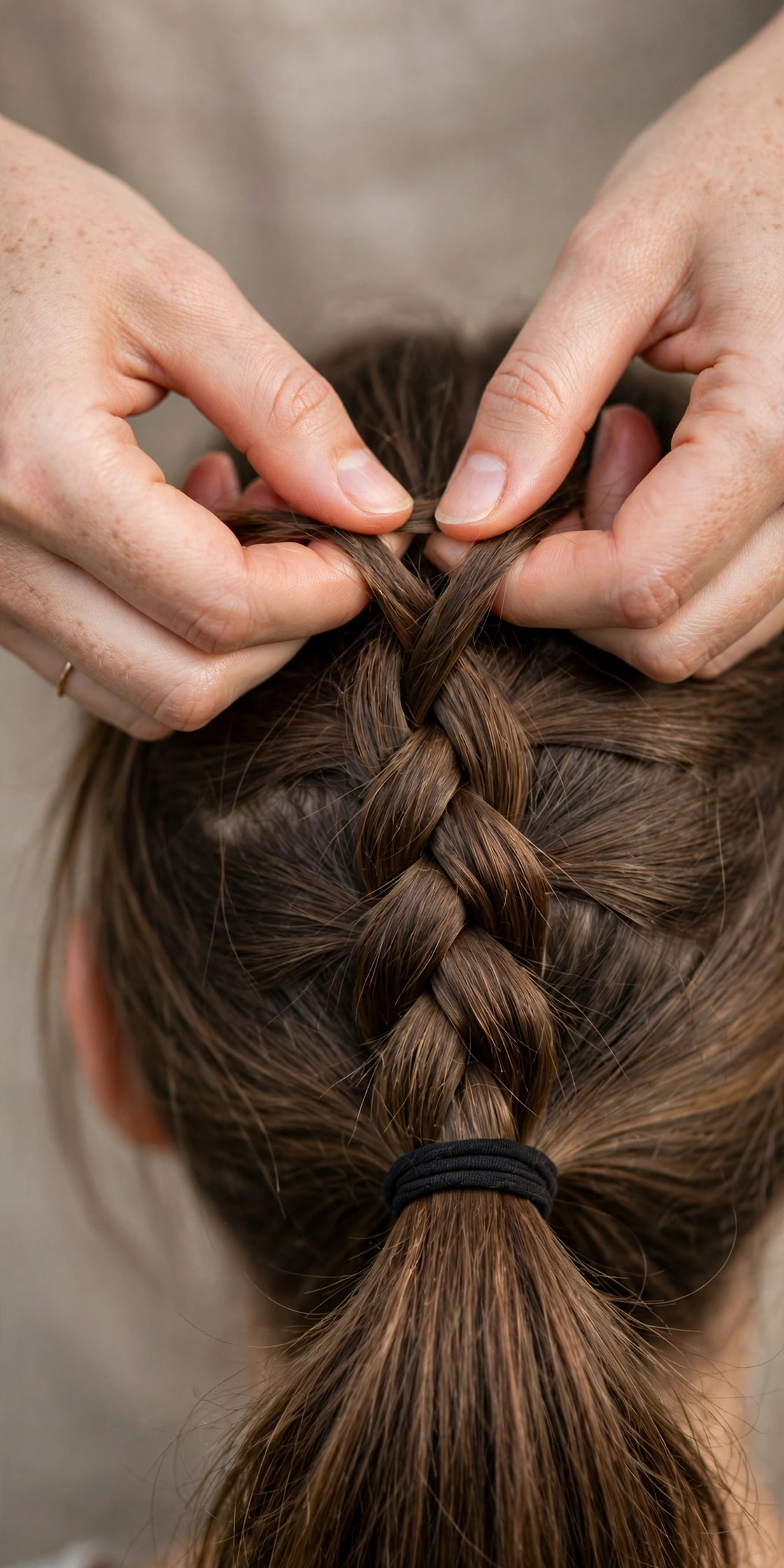 Close-up detail of hands finishing a Dutch braid into a ponytail, hairstyling tutorial detail shot