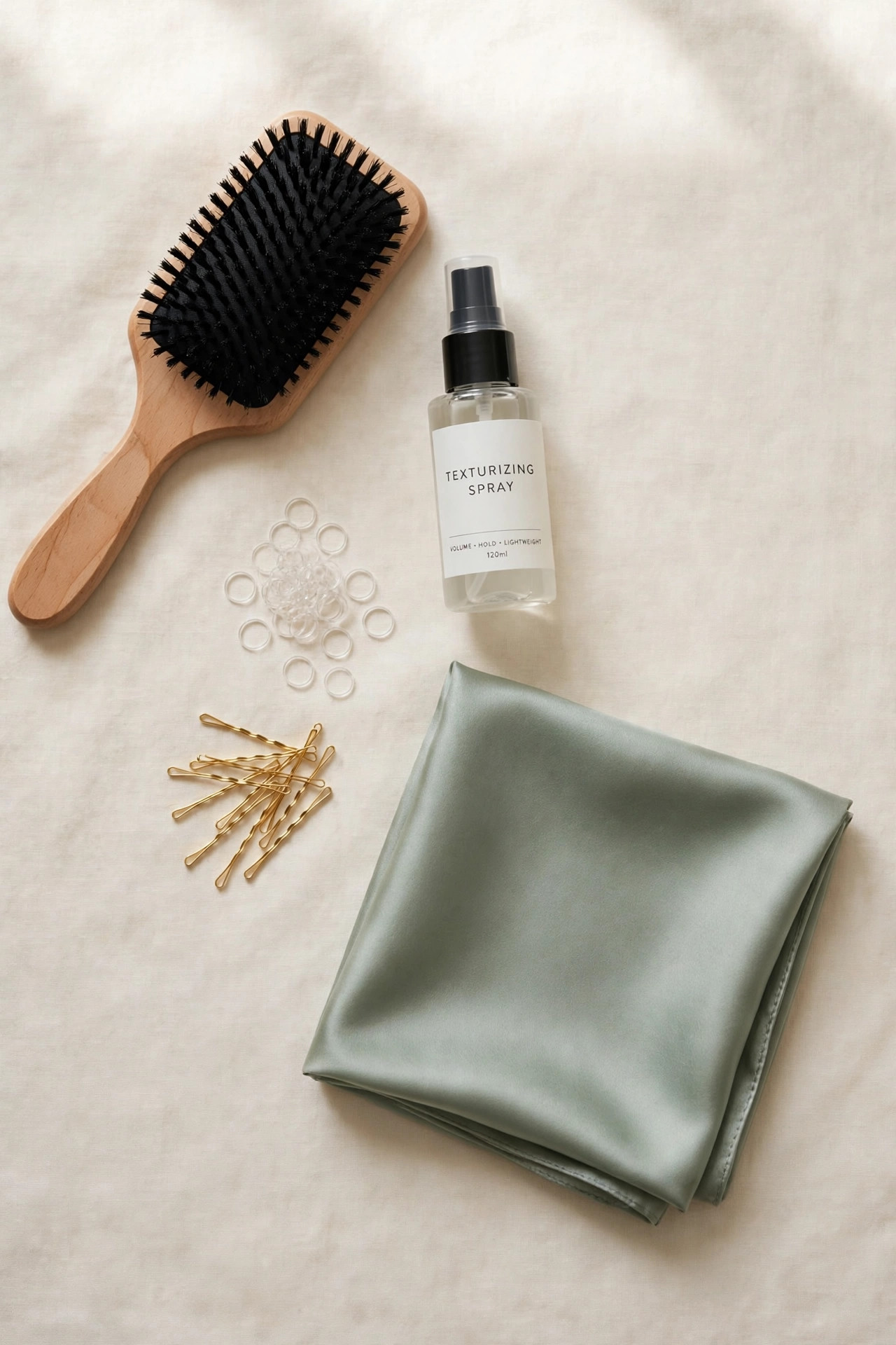 Flat lay of braiding essentials — clear elastics, bobby pins, smoothing brush, texturizing spray and silk scarf on cream background