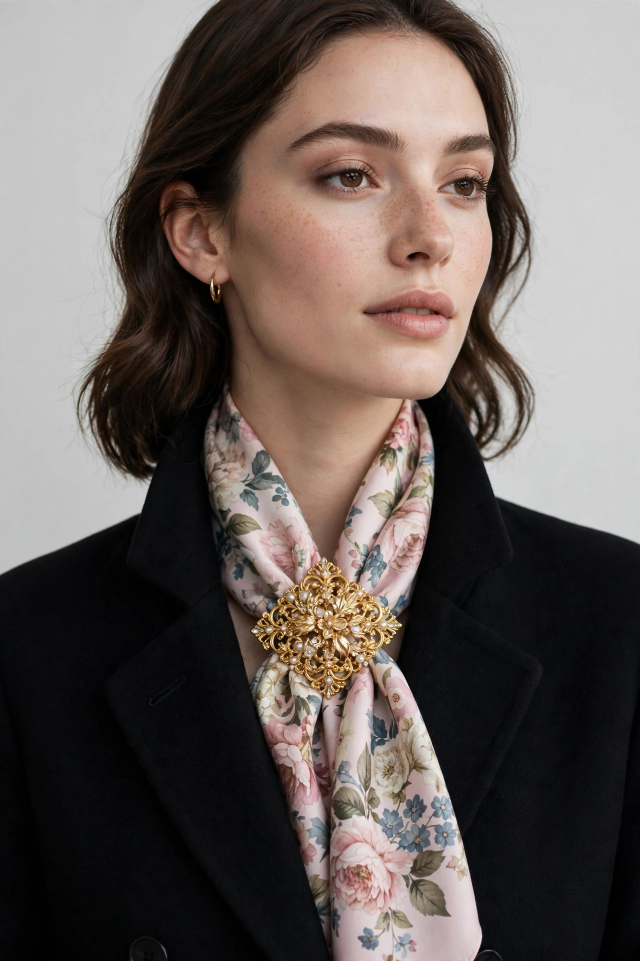 Gold ornate brooch securing a floral silk scarf draped at the neck over a black coat