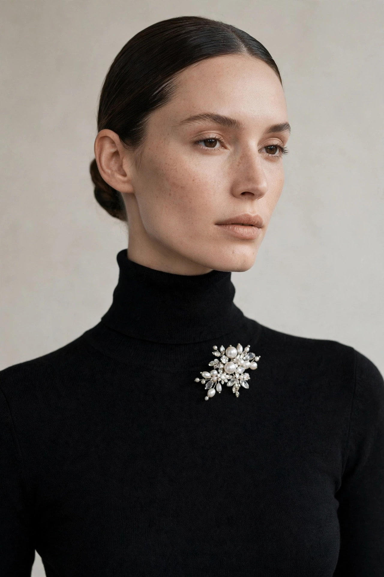 Delicate pearl and crystal brooch pinned just below the collarbone on a fitted black turtleneck