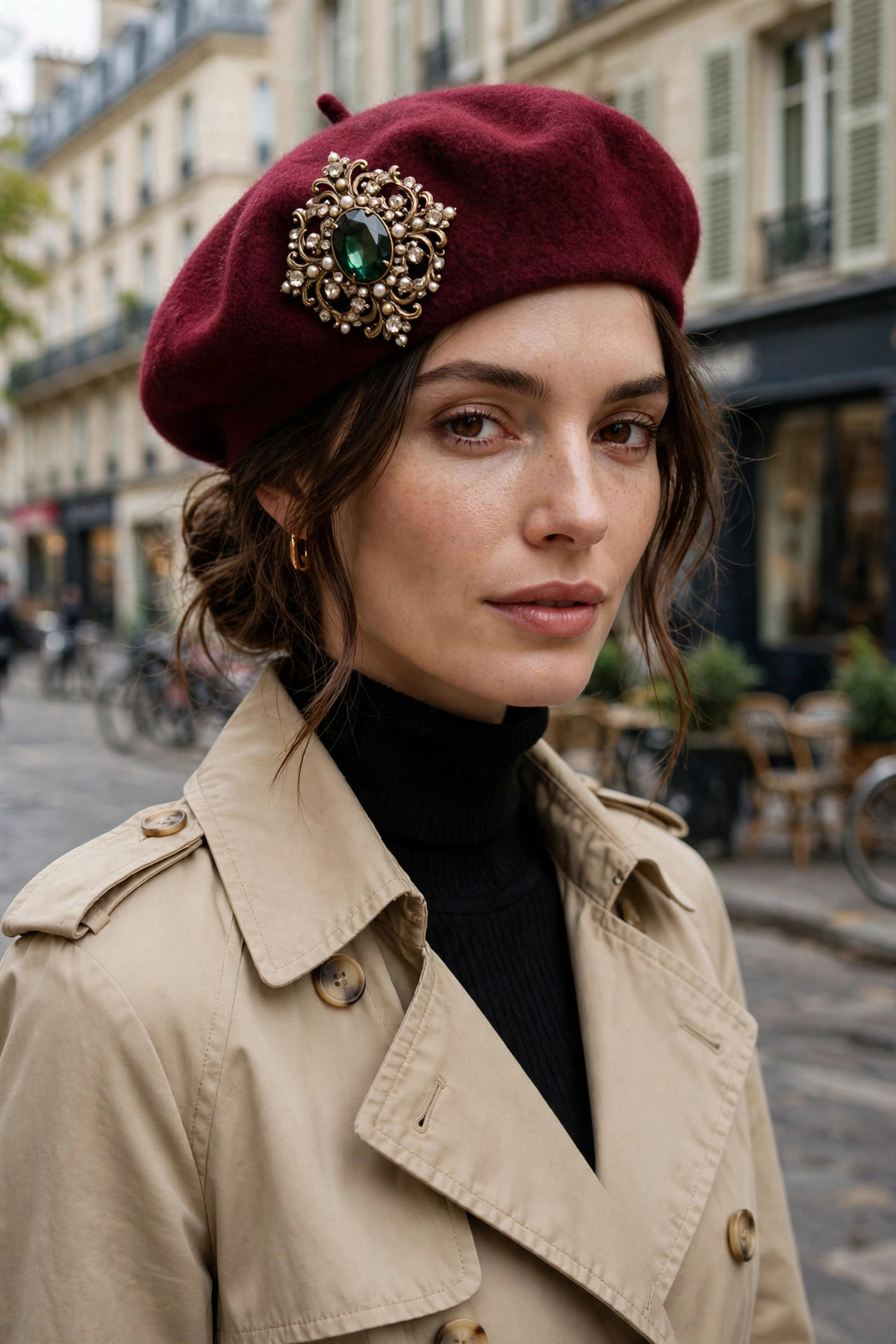 Vintage jeweled brooch pinned on the side of a burgundy wool beret with trench coat outfit