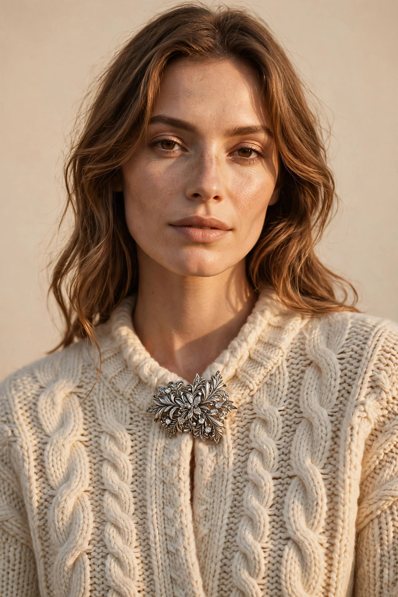 Large decorative silver brooch closing a cream cable-knit cardigan at the neckline