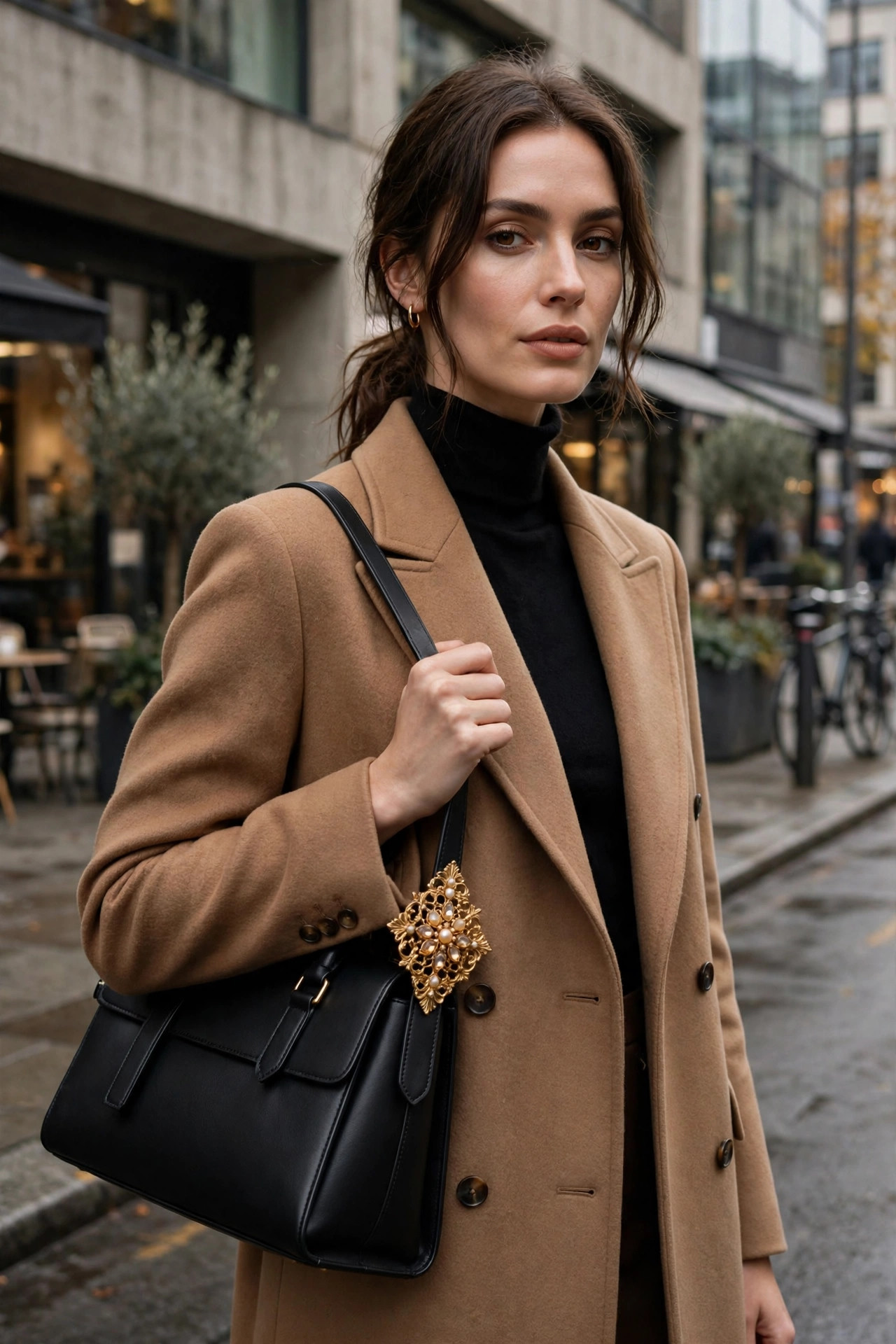 Gold vintage brooch clipped onto the strap of a black structured leather handbag