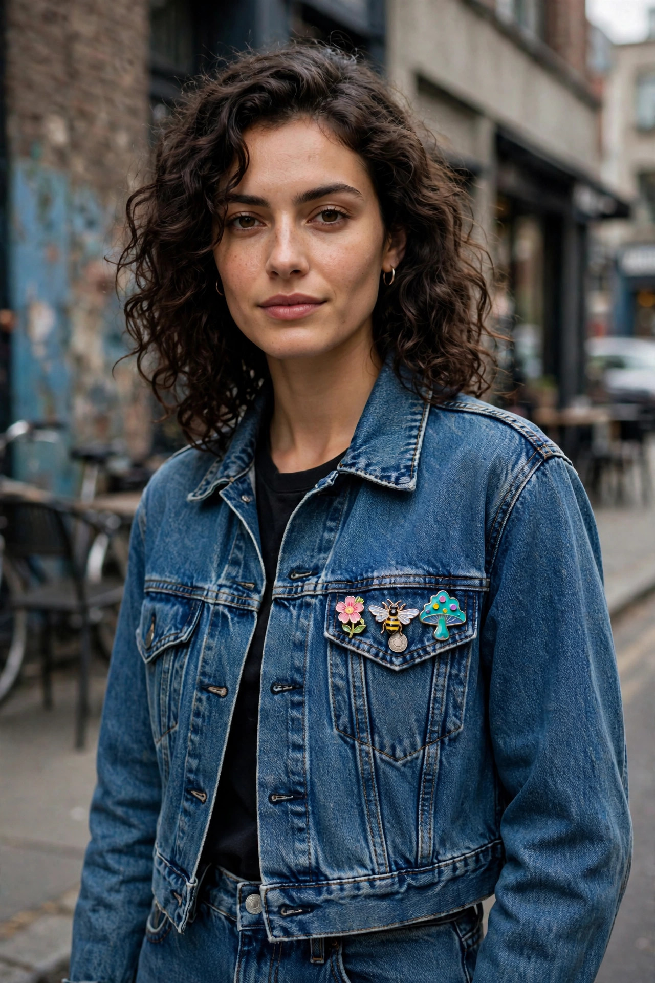Row of colorful enamel brooches pinned on the chest pocket of a cropped blue denim jacket