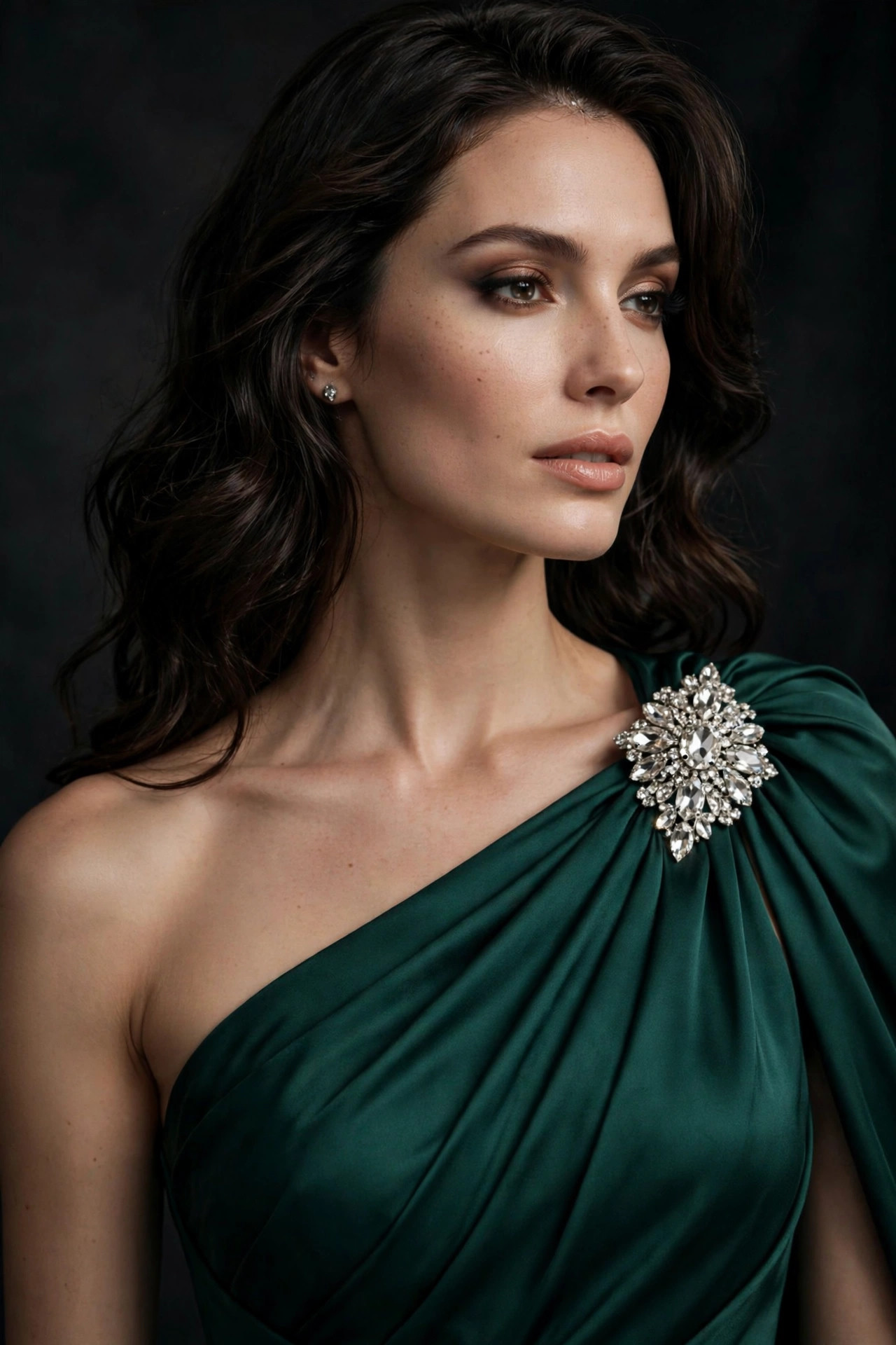 Large crystal brooch securing the draped shoulder of an emerald one-shoulder evening gown