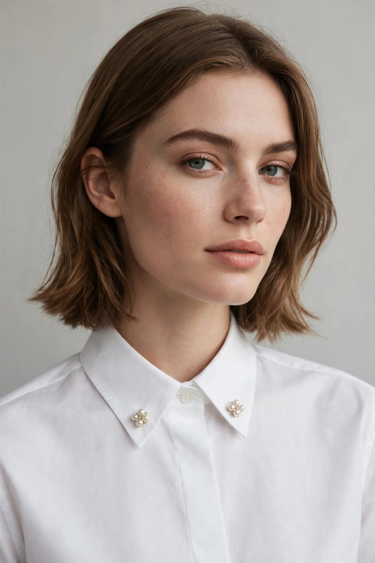 Two matching small pearl brooches pinned on the collar tips of a crisp white button-up shirt
