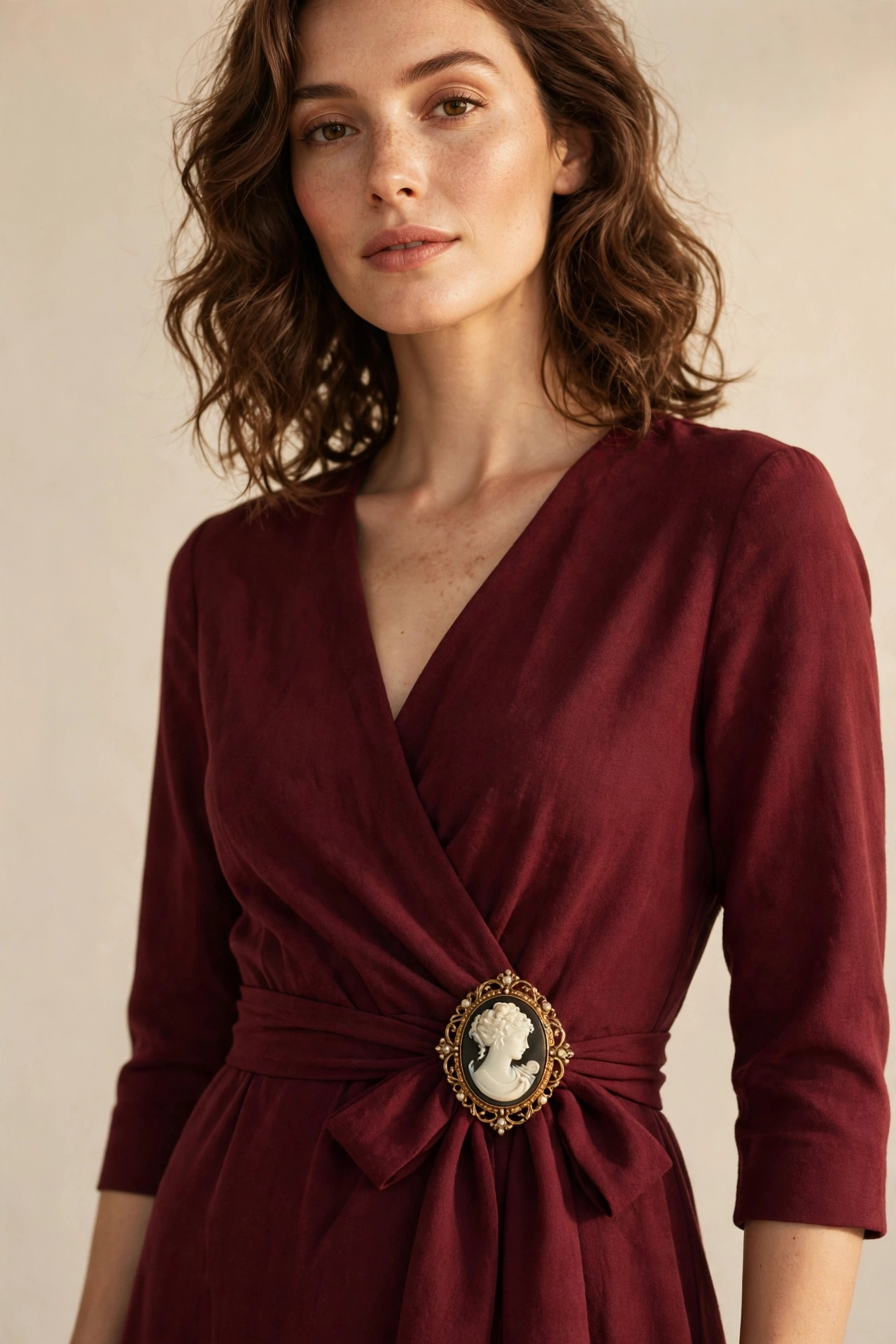 Vintage cameo brooch pinned at the waist knot of a burgundy floral wrap dress