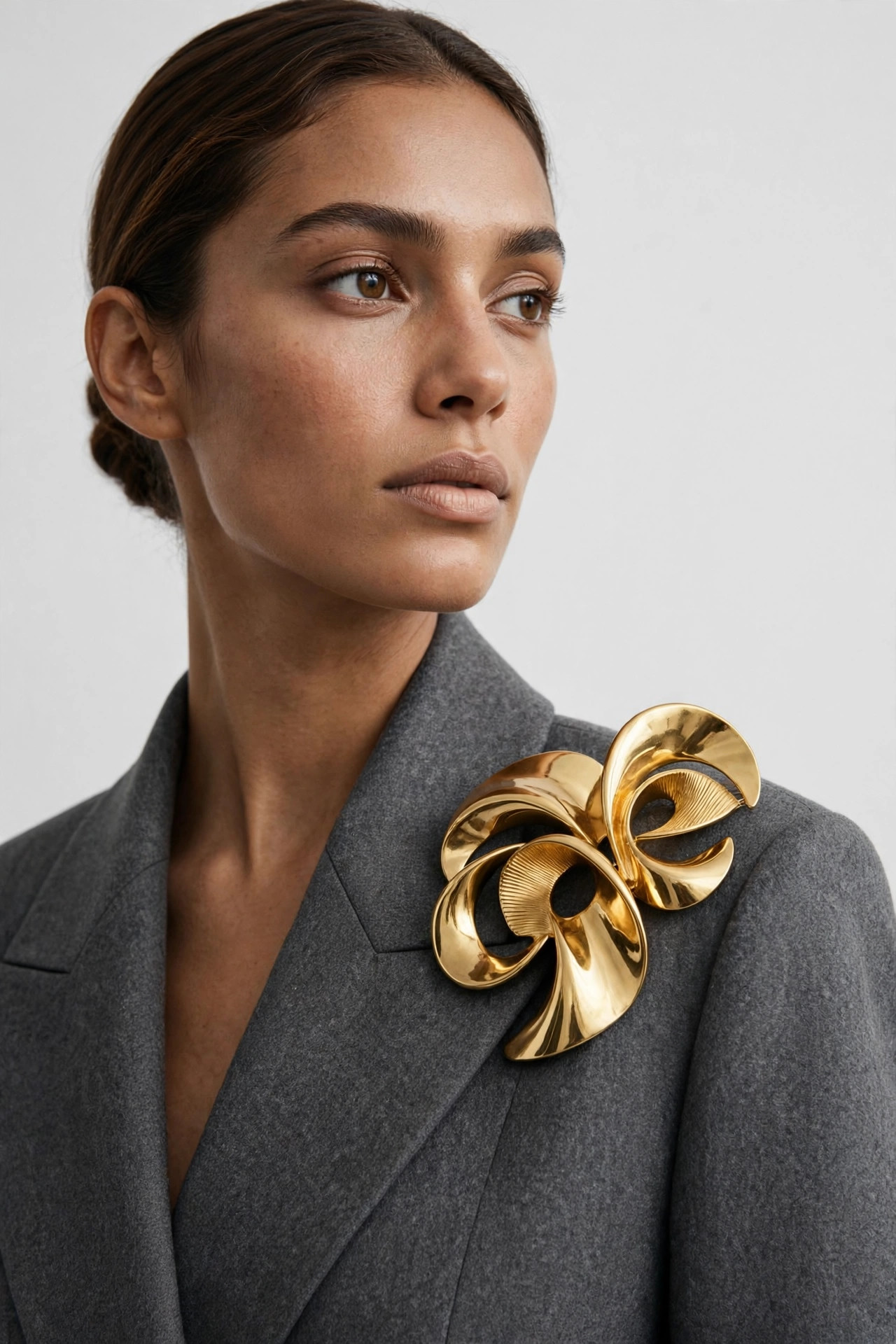 Oversized sculptural modern gold brooch pinned at the shoulder of a monochrome grey tailored coat