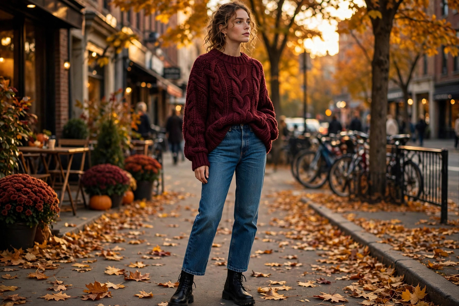 Chunky burgundy knit sweater styled with denim jeans