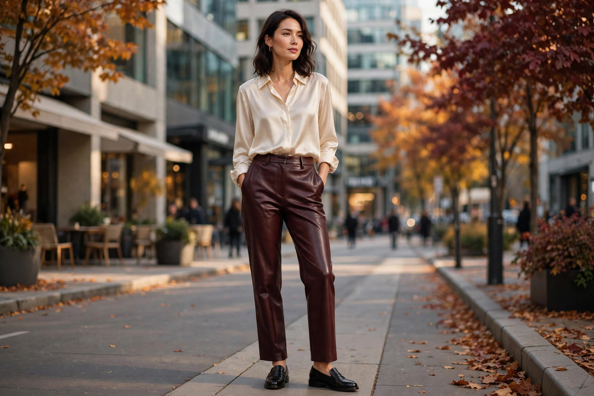 Oxblood leather trousers with a cream silk blouse