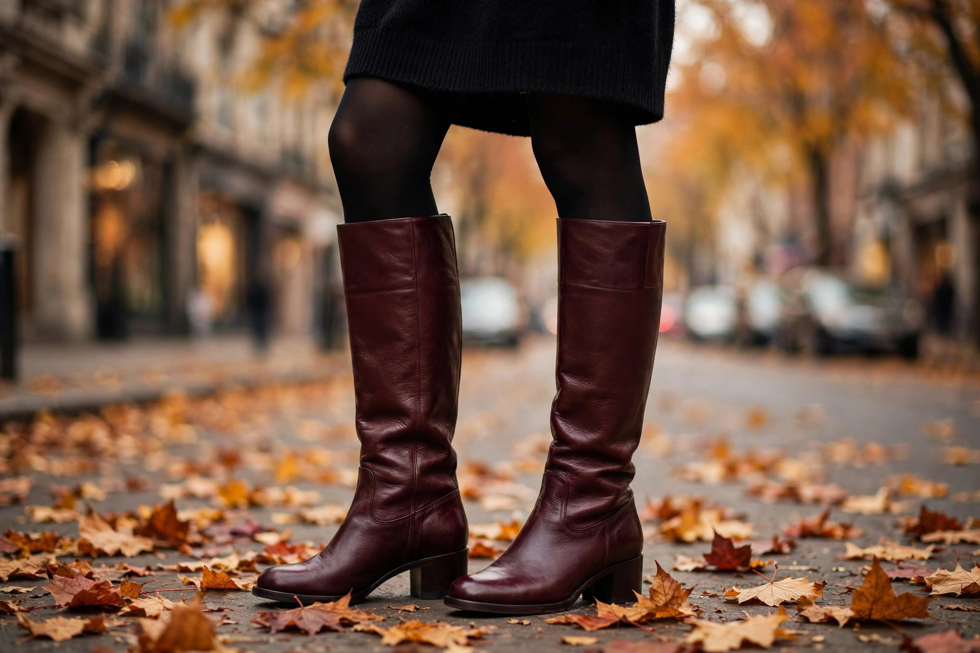 Burgundy knee-high boots styled with a midi skirt